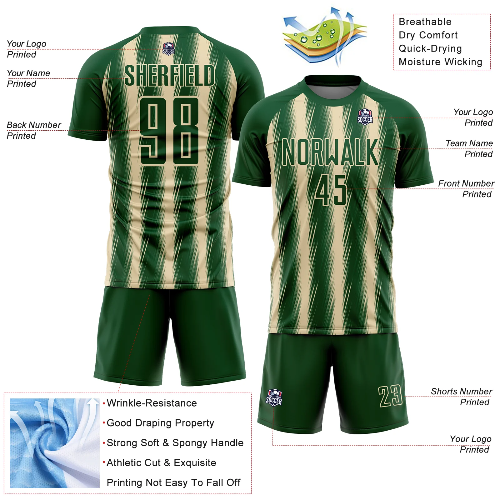 Custom Green Cream Vertical Brush Stroke Stripes Sublimation Soccer Uniform Jersey - Image 4