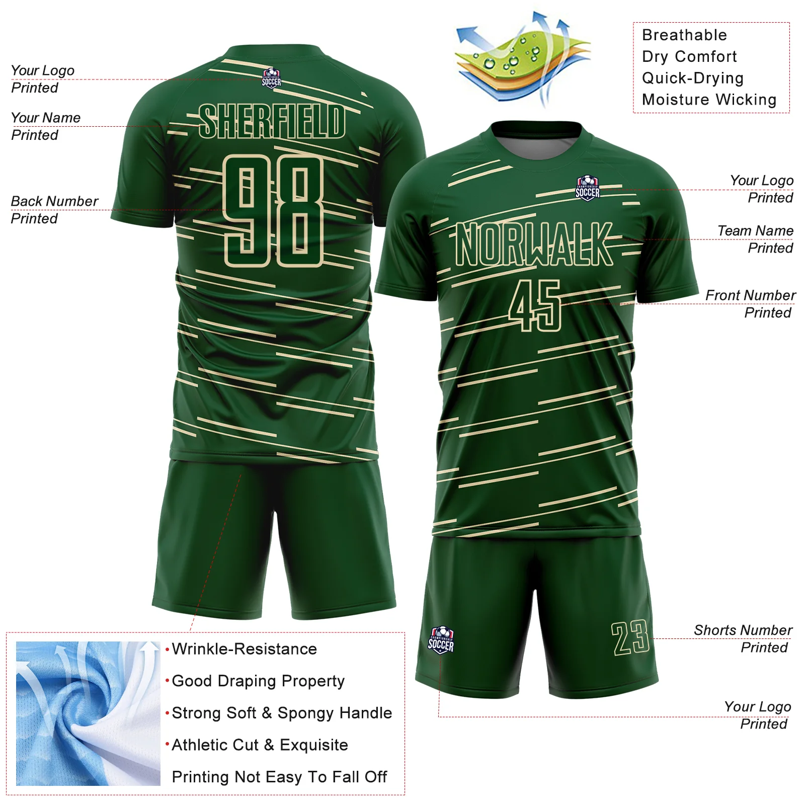 Custom Green Cream Diagonal Pinstripes Lines Sports Sublimation Soccer Uniform Jersey - Image 4