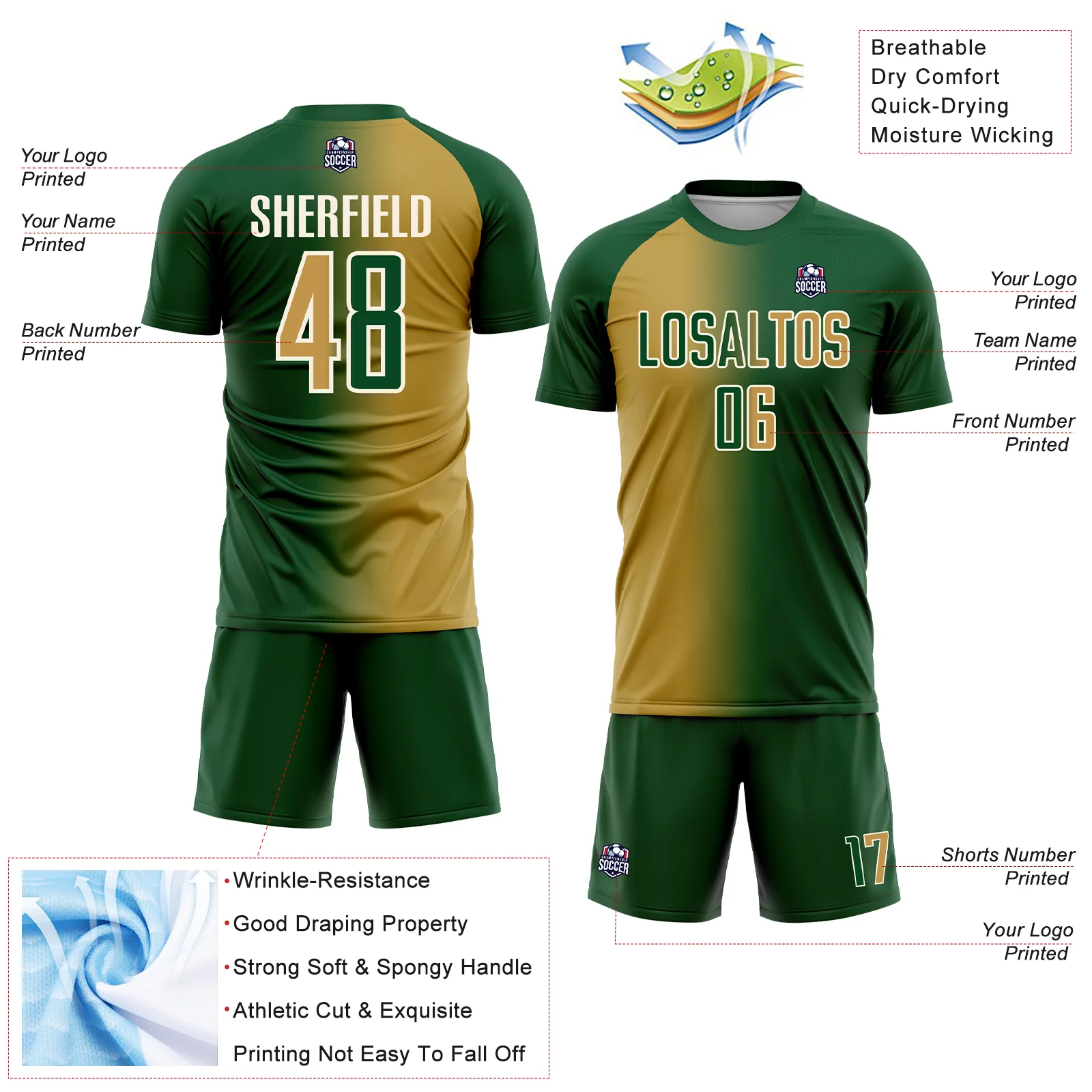 Custom Green Old Gold-Cream Sublimation Gradient Fashion Soccer Uniform Jersey - Image 4