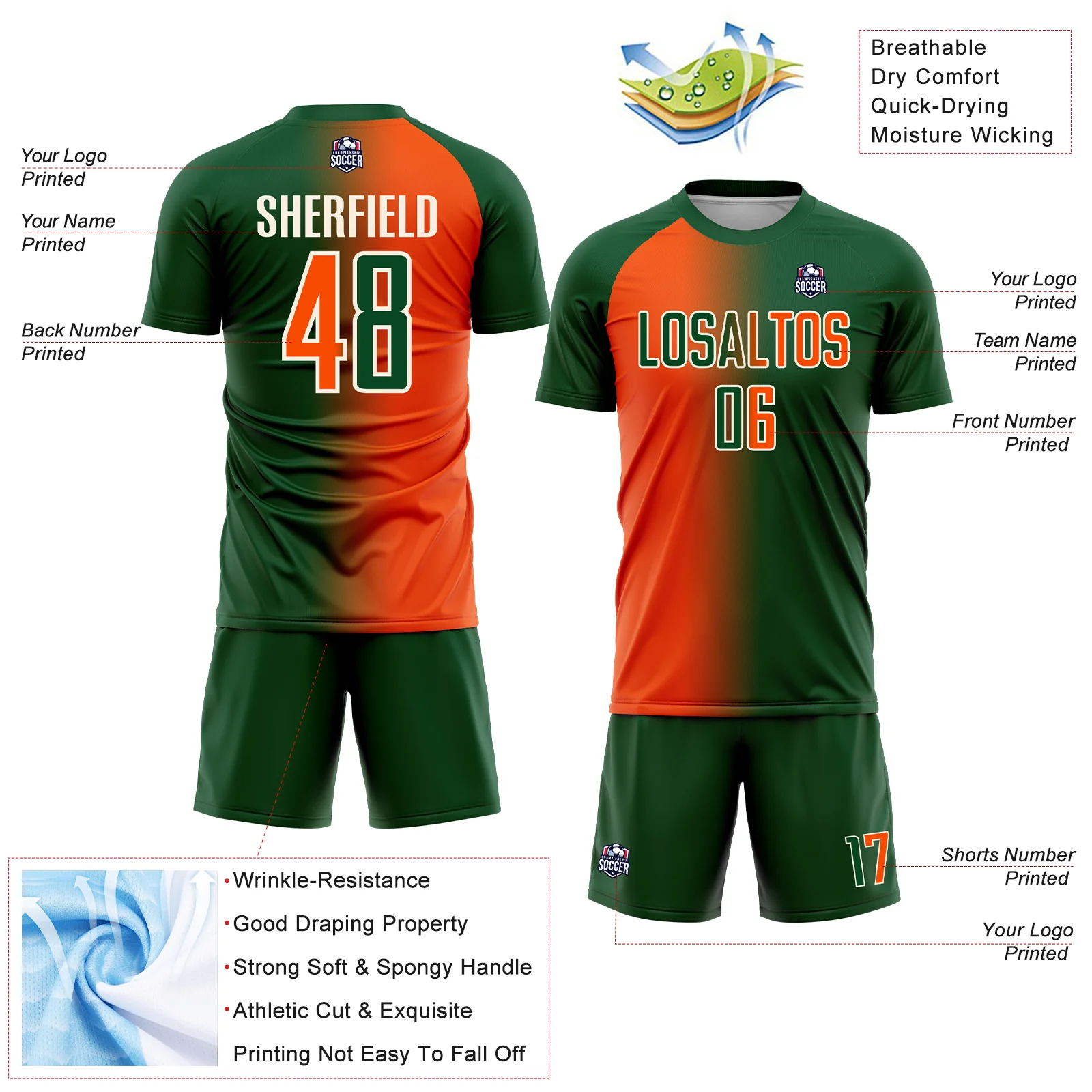 Custom Green Orange-Cream Sublimation Gradient Fashion Soccer Uniform Jersey - Image 4