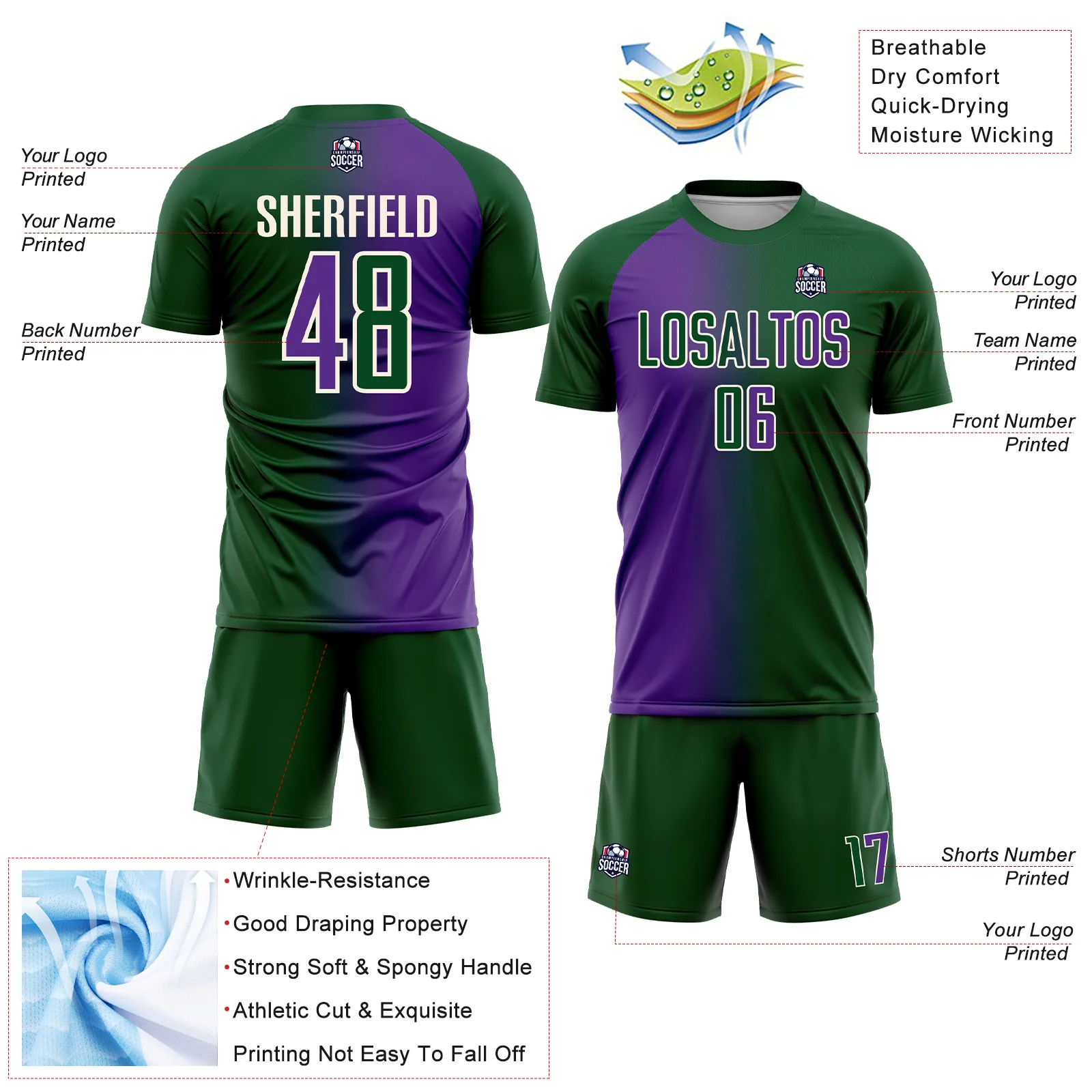 Custom Green Purple-Cream Sublimation Gradient Fashion Soccer Uniform Jersey - Image 4