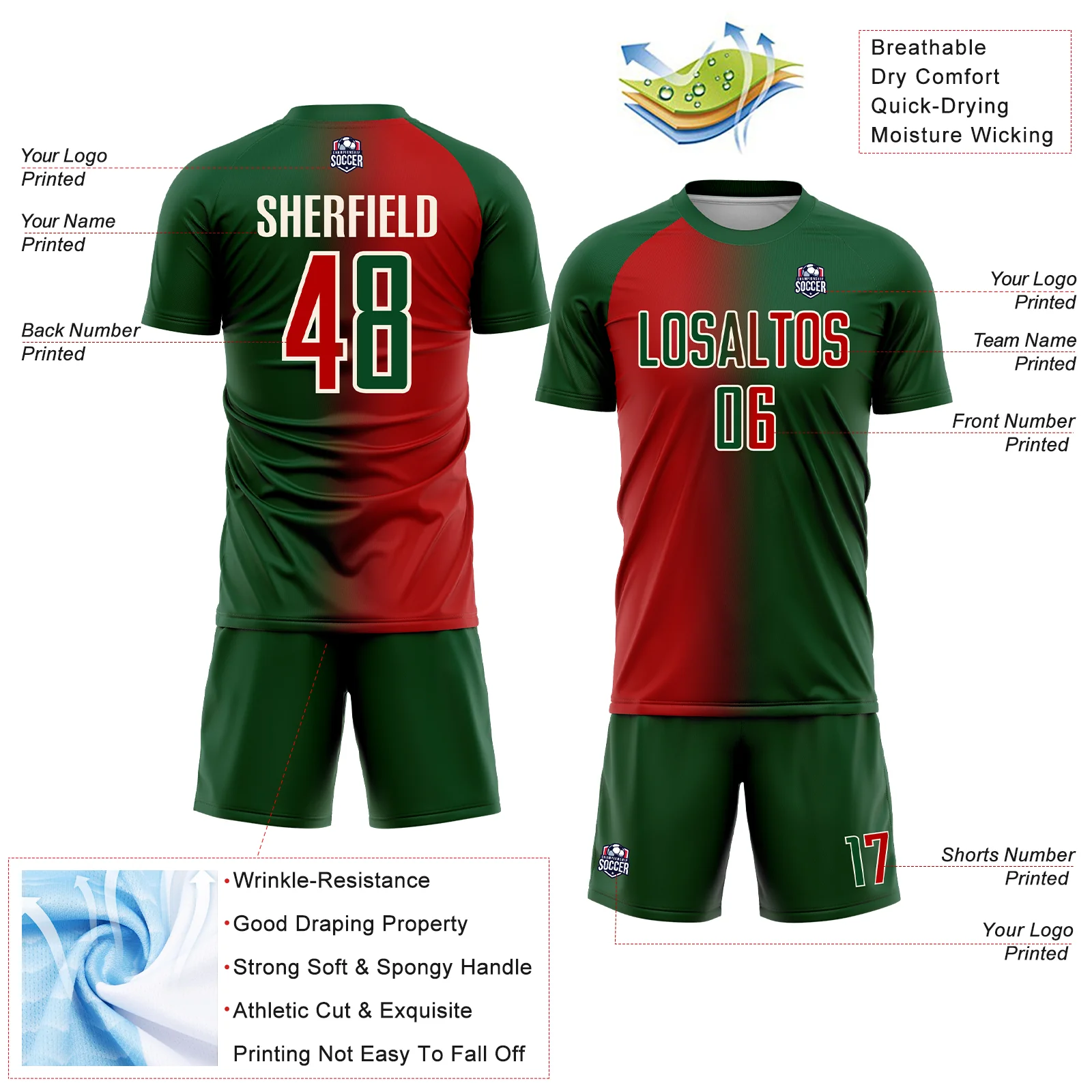 Custom Green Red-Cream Sublimation Gradient Fashion Soccer Uniform Jersey - Image 4