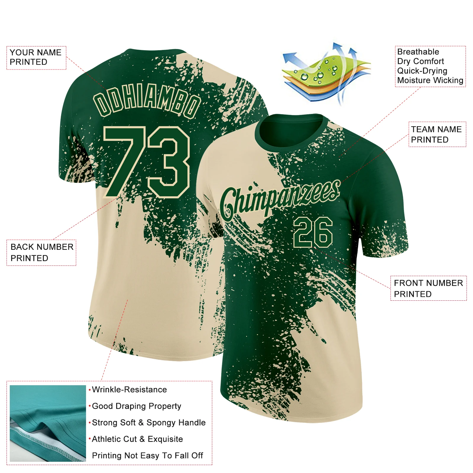 Custom Green Cream 3D Pattern Design Abstract Brush Stroke Performance T-Shirt - Image 2