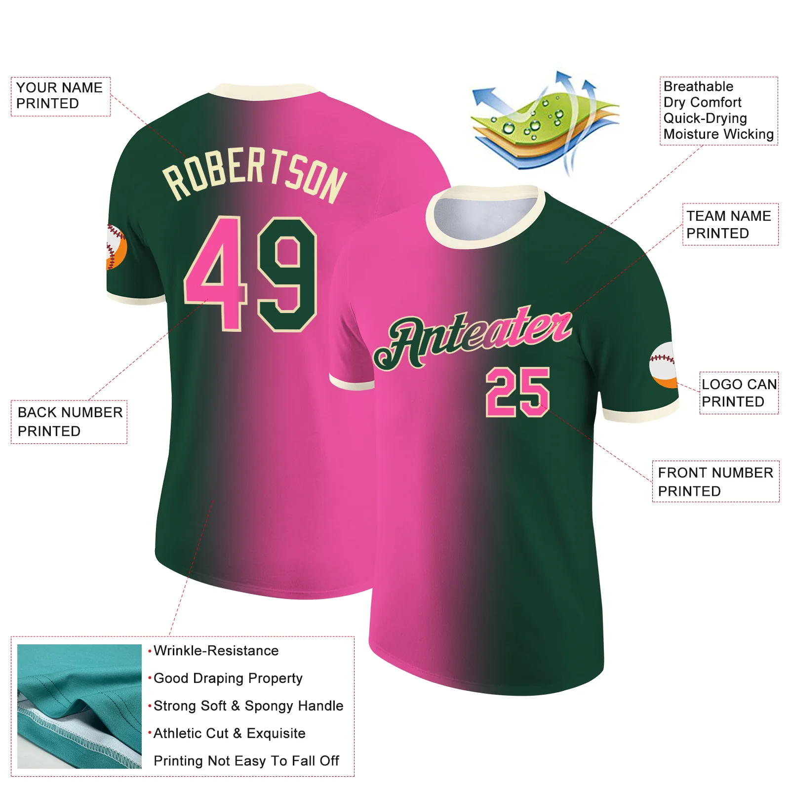Custom Green Pink-Cream Gradient Fashion Performance T-Shirt - Image 2