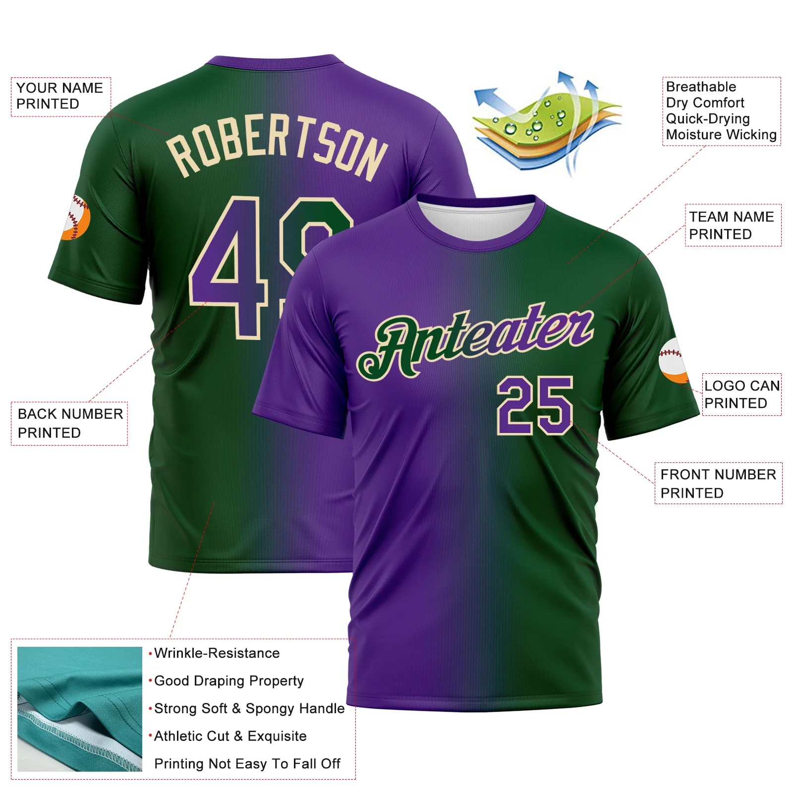 Custom Green Purple-Cream Gradient Fashion Performance T-Shirt - Image 3