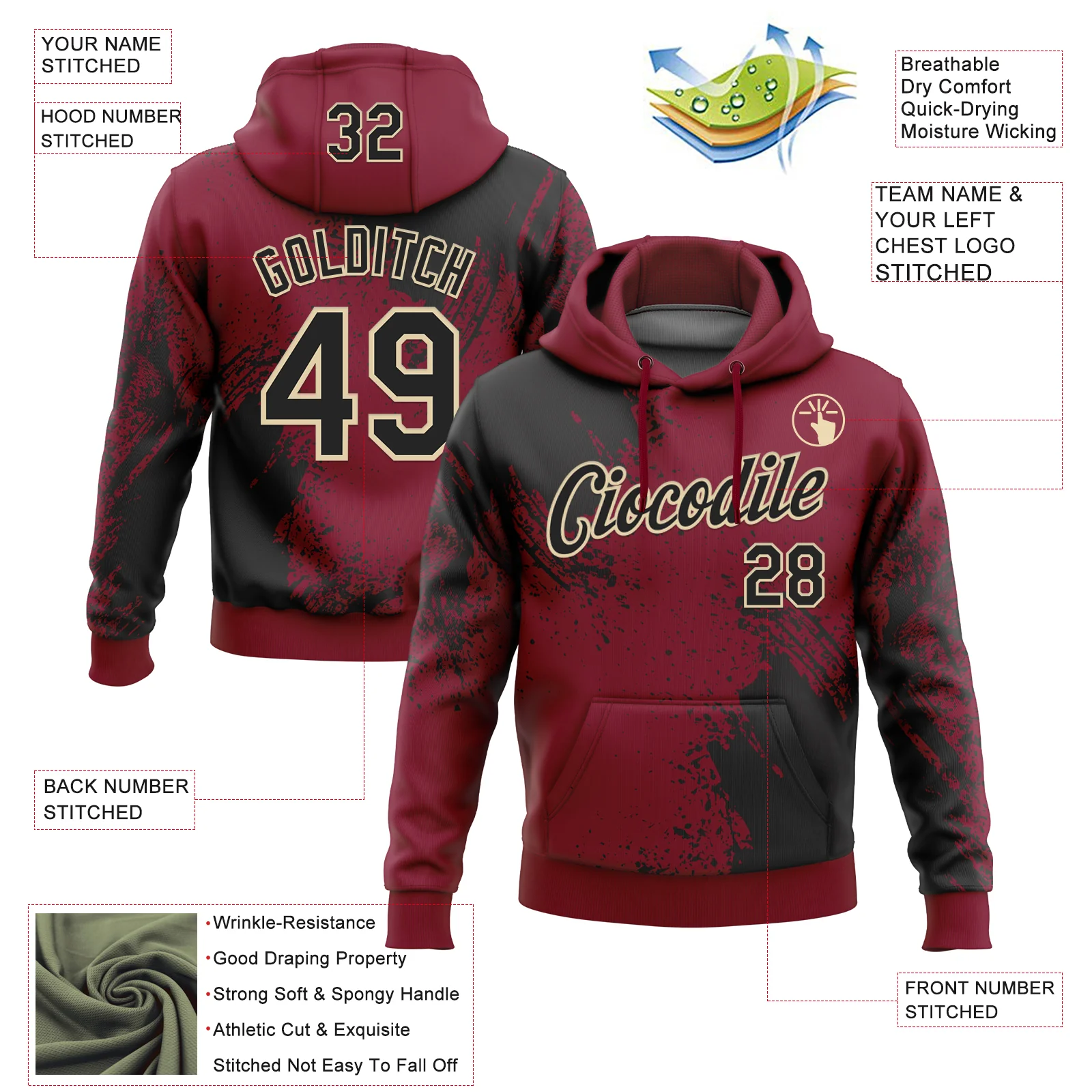 Custom Stitched Crimson Black-Cream 3D Pattern Design Abstract Brush Stroke Sports Pullover Sweatshirt Hoodie - Image 2