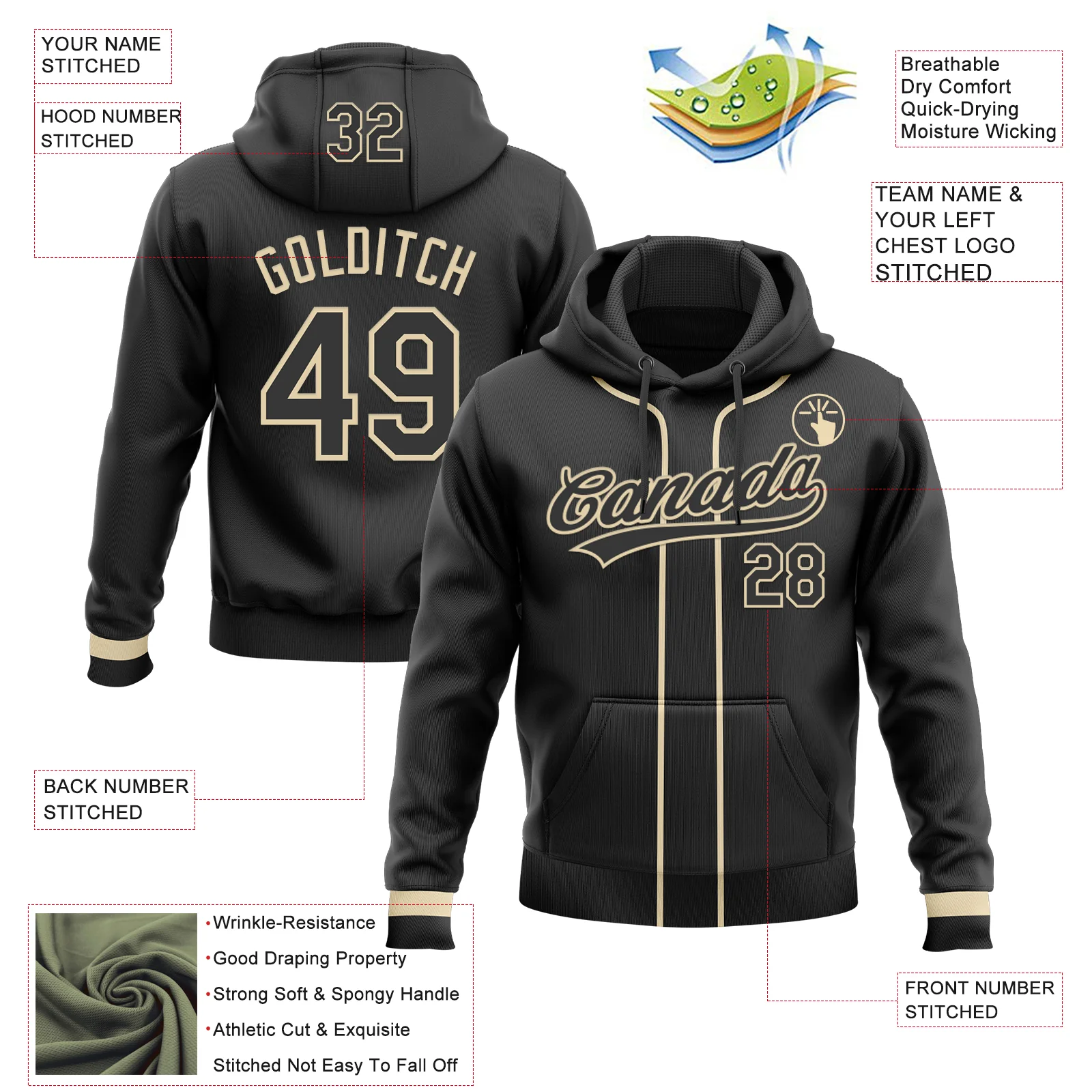 Custom Stitched Black Cream Baseball Pullover Sweatshirt Hoodie - Image 2