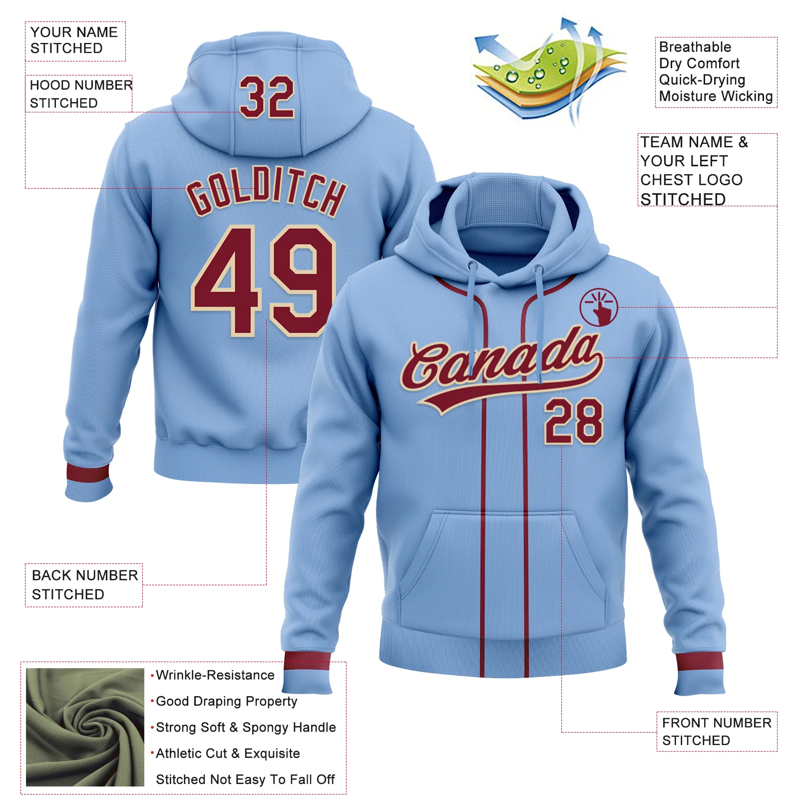 Custom Stitched Light Blue Crimson-Cream Baseball Pullover Sweatshirt Hoodie - Image 2