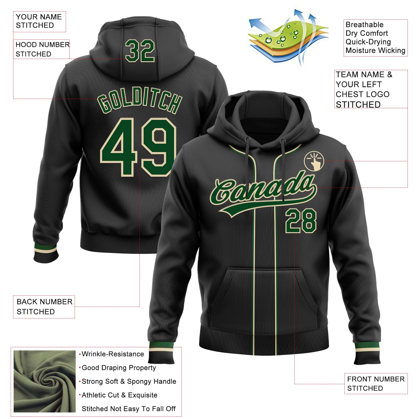 Custom Stitched Black Green-Cream Baseball Pullover Sweatshirt Hoodie - Image 2
