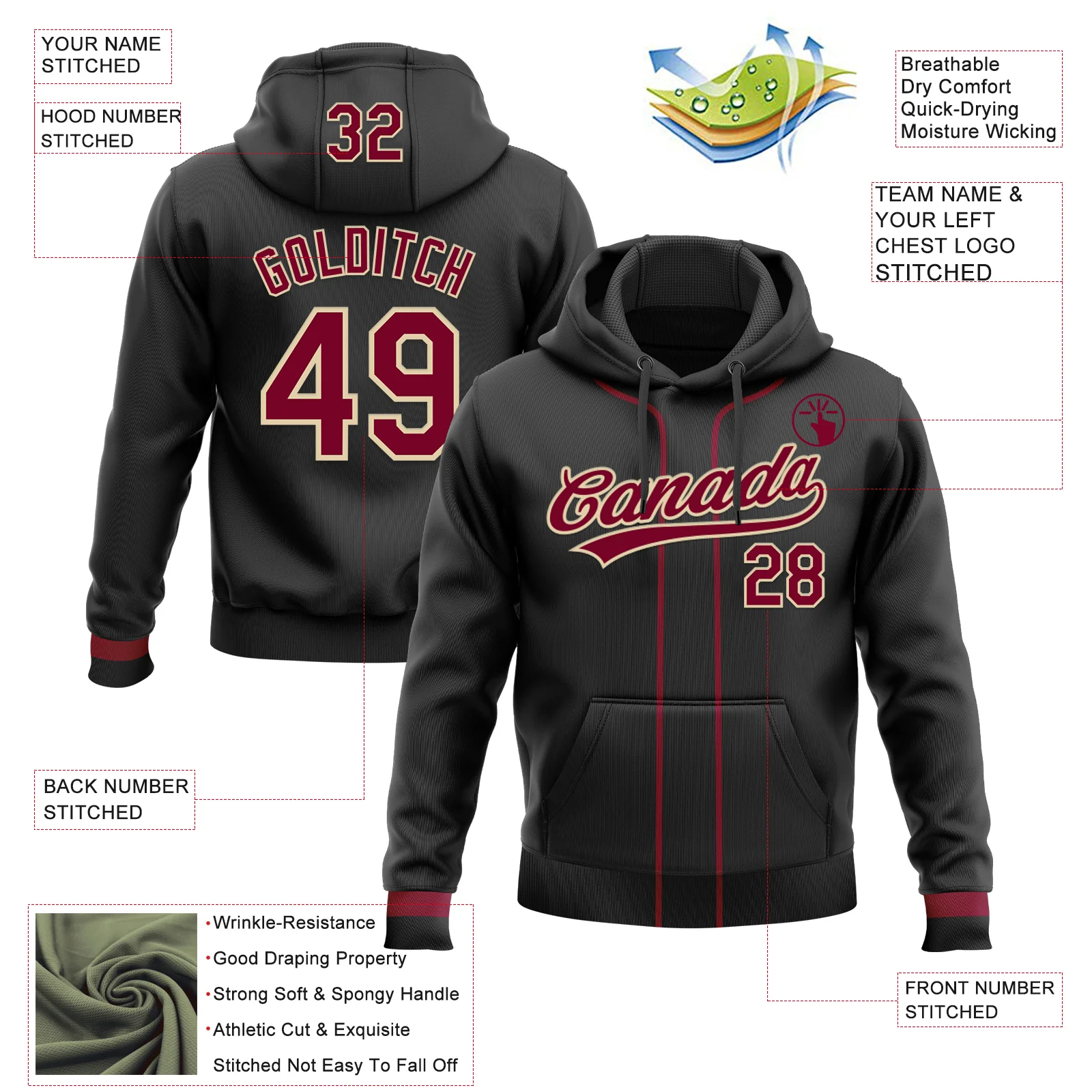 Custom Stitched Black Maroon-Cream Baseball Pullover Sweatshirt Hoodie - Image 2