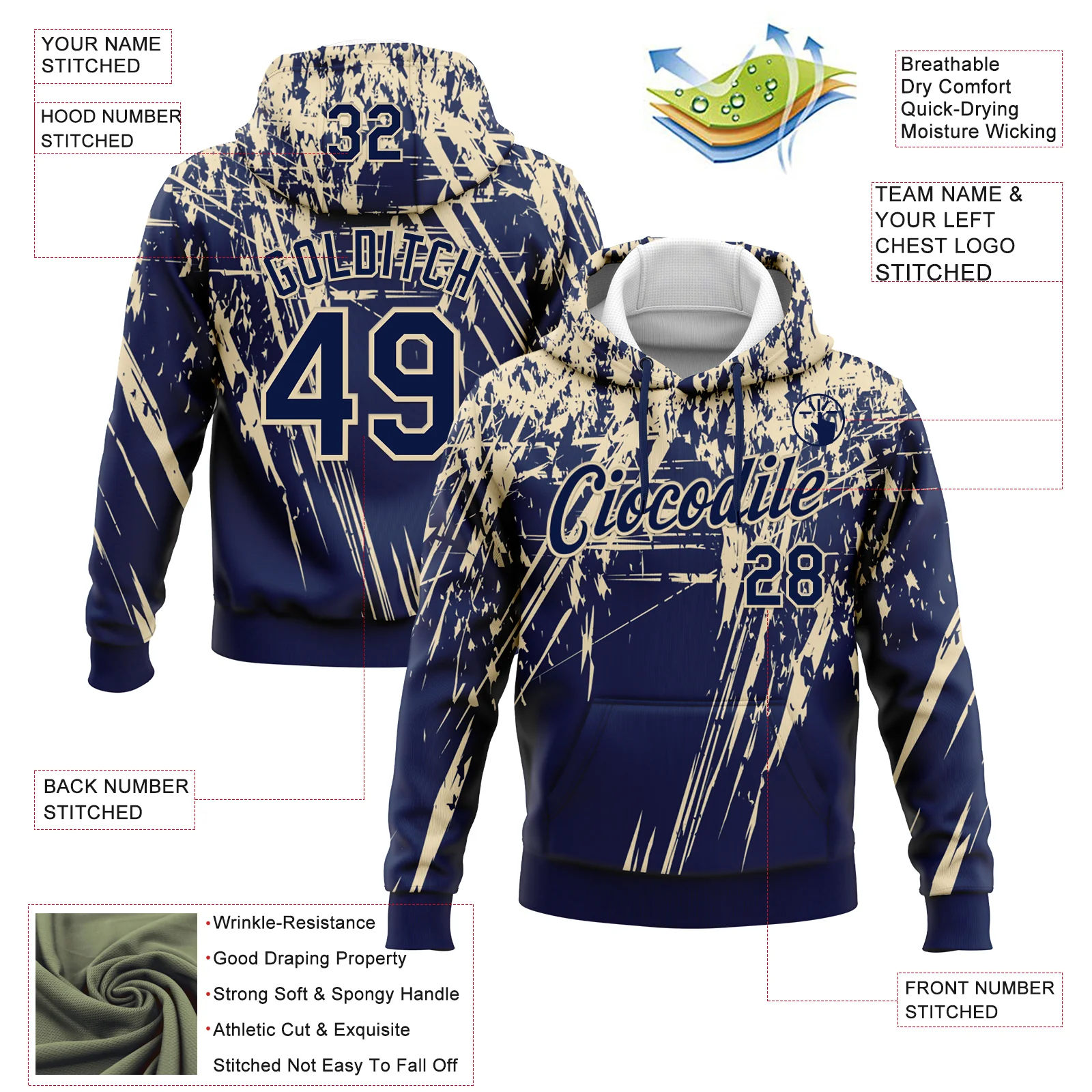 Custom Stitched Navy Cream 3D Pattern Design Splash Grunge Art Sports Pullover Sweatshirt Hoodie - Image 2