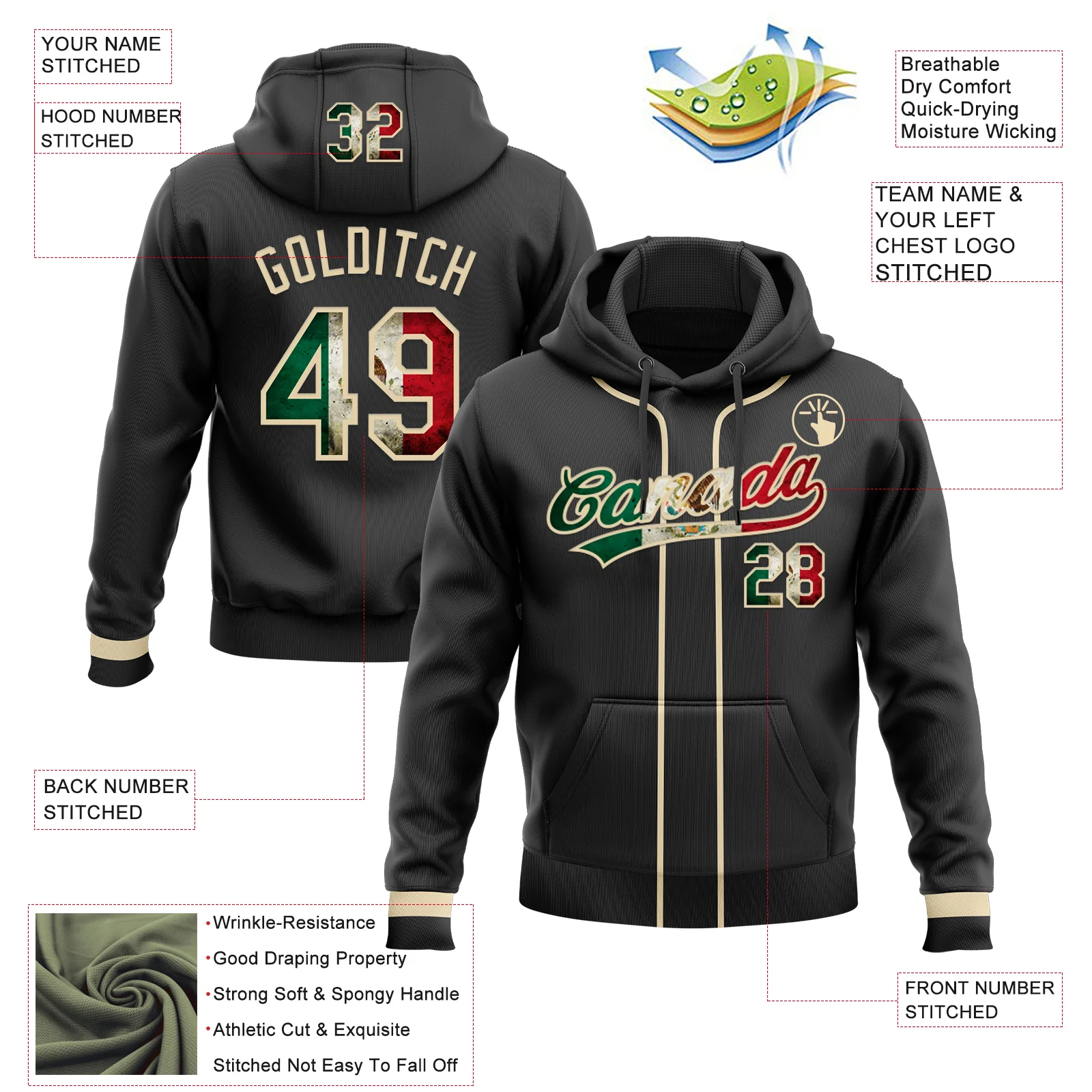 Custom Stitched Black Vintage Mexican Flag-Cream Baseball Pullover Sweatshirt Hoodie - Image 2