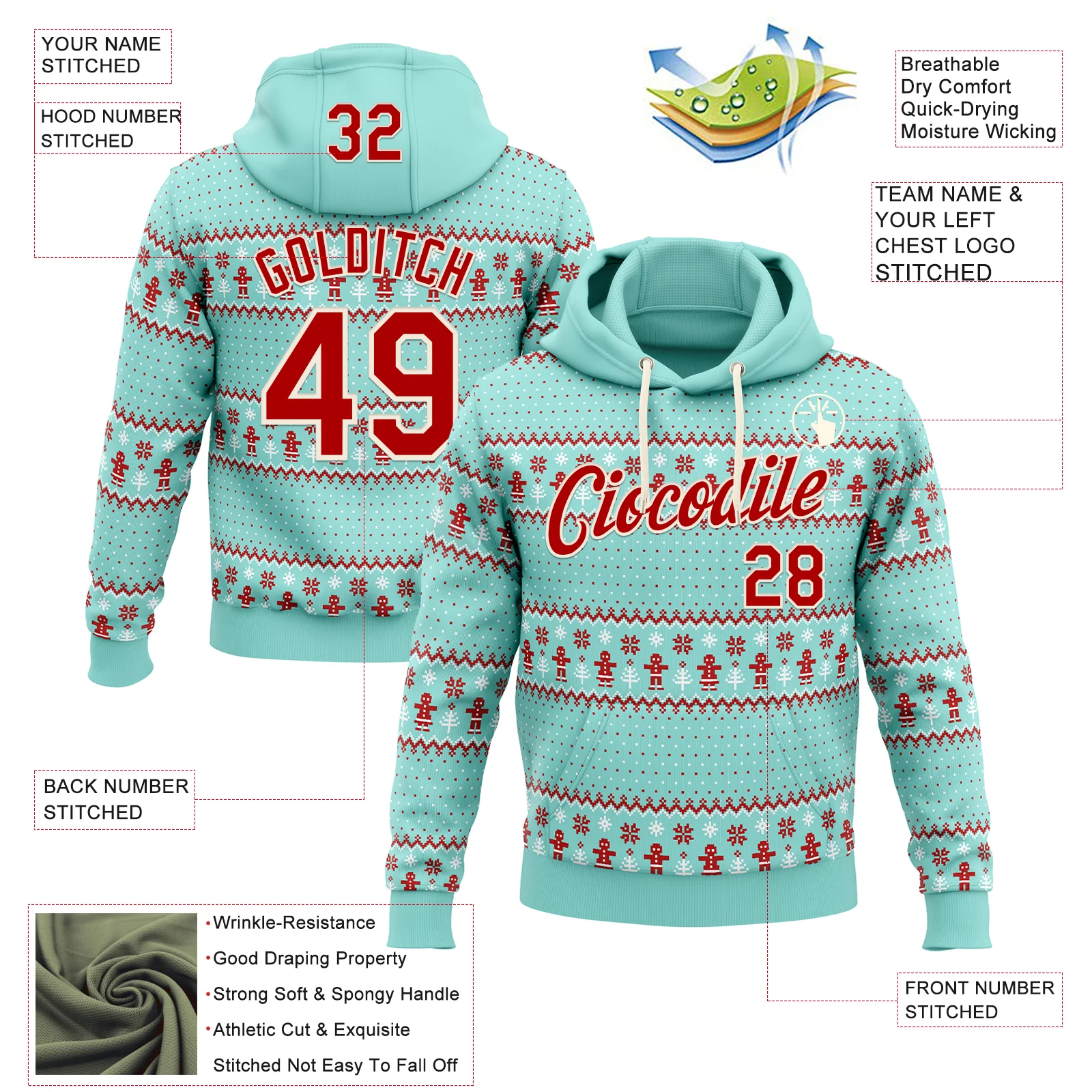 Custom Stitched Ice Blue Red-Cream 3D Christmas Ugly Sweater Sports Pullover Sweatshirt Hoodie - Image 2