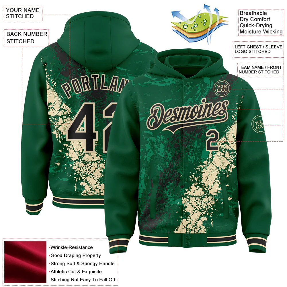 Custom Kelly Green Black-Cream Splash Art 3D Pattern Design Bomber Full-Snap Varsity Letterman Hoodie Jacket - Image 4