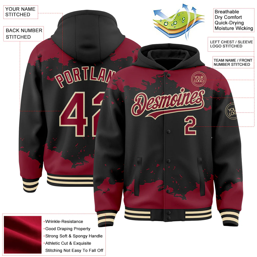 Custom Black Crimson-Cream Splash Art 3D Pattern Design Bomber Full-Snap Varsity Letterman Hoodie Jacket - Image 4