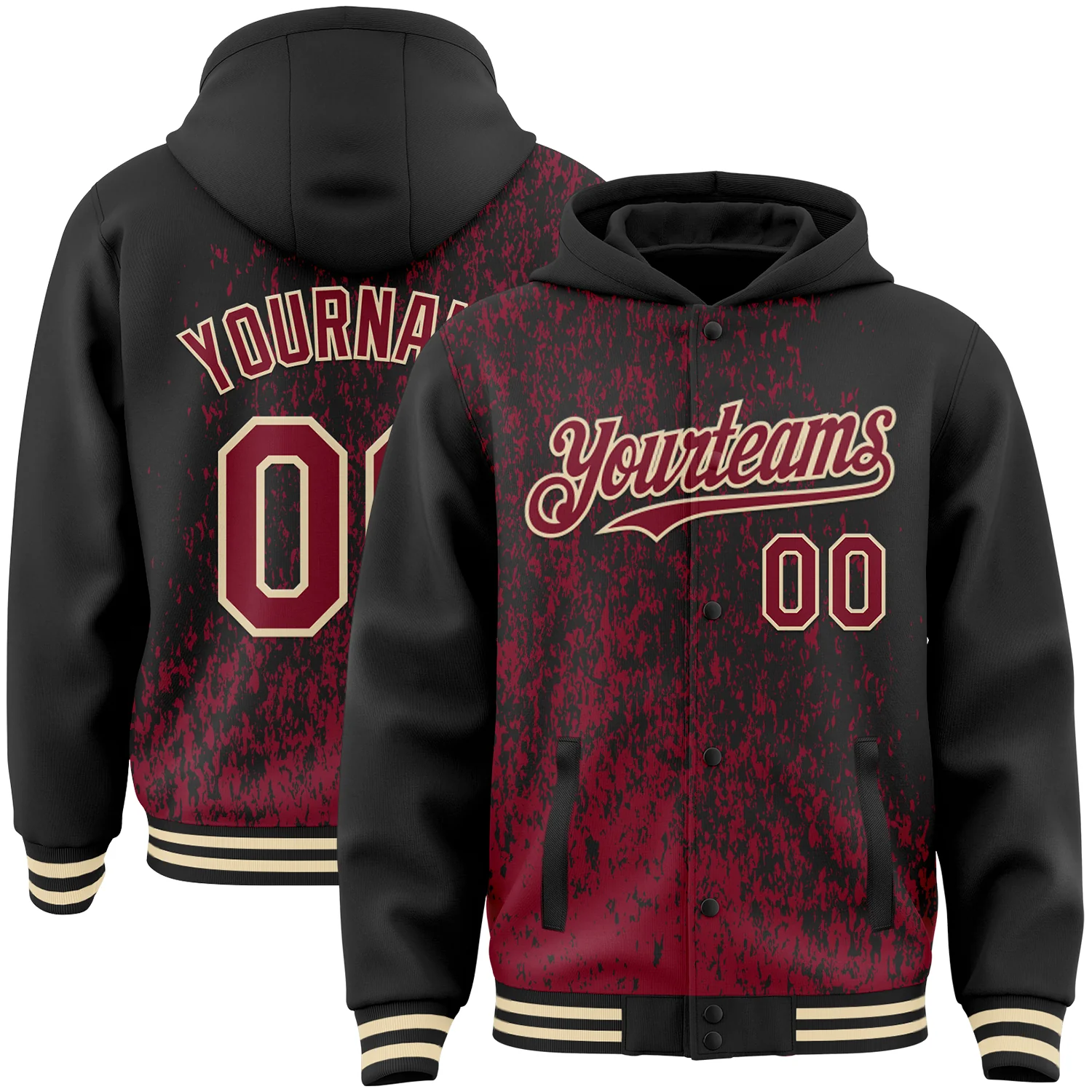 Custom Black Crimson-Cream Abstract Fragment Art 3D Pattern Design Bomber Full-Snap Varsity Letterman Hoodie Jacket