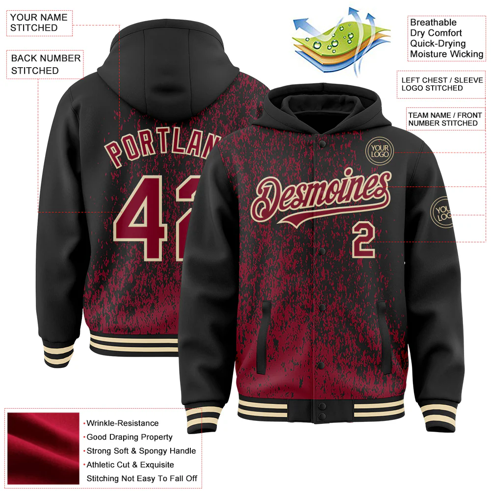 Custom Black Crimson-Cream Abstract Fragment Art 3D Pattern Design Bomber Full-Snap Varsity Letterman Hoodie Jacket - Image 4
