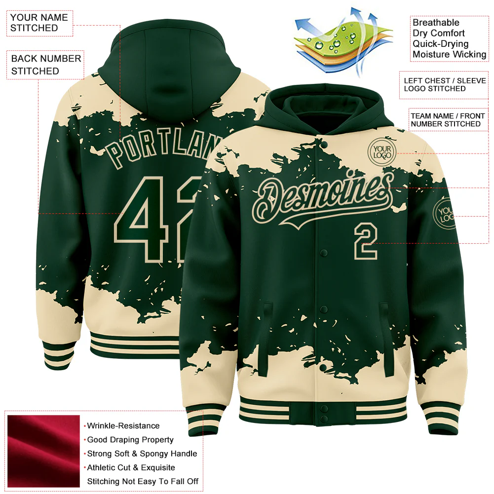Custom Green Cream Splash Art 3D Pattern Design Bomber Full-Snap Varsity Letterman Hoodie Jacket - Image 4