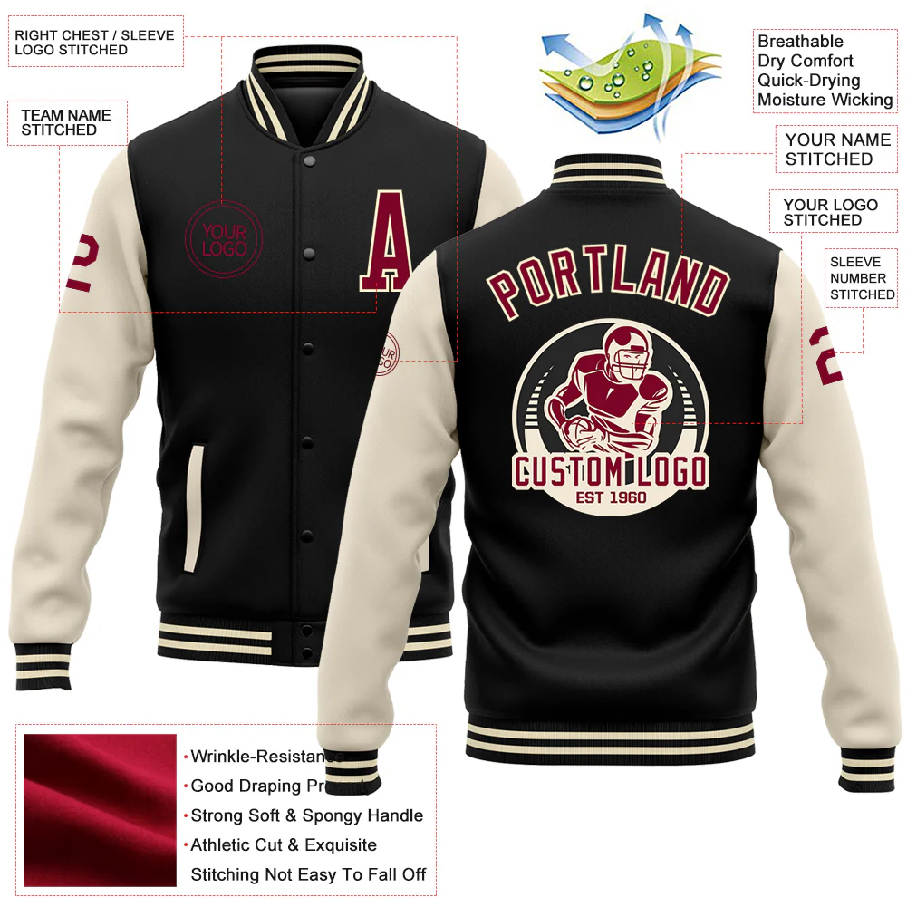 Custom Black Maroon-Cream Bomber Full-Snap Varsity Letterman Two Tone Jacket - Image 4
