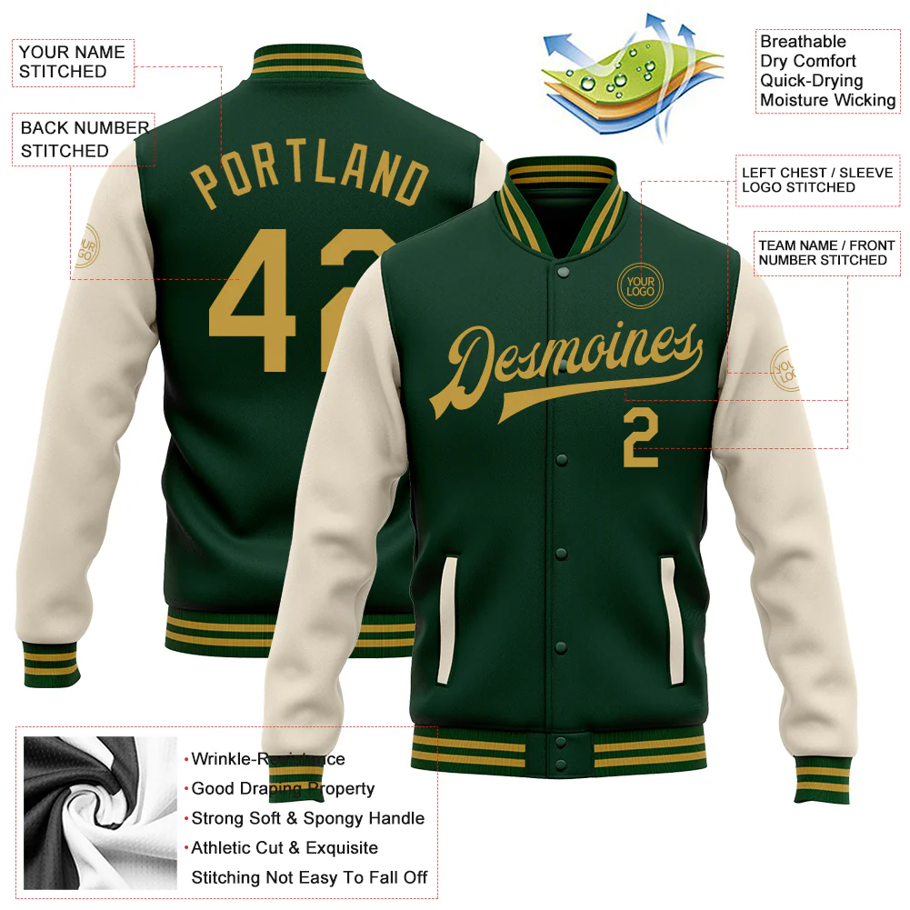 Custom Green Old Gold-Cream Bomber Full-Snap Varsity Letterman Two Tone Jacket - Image 4