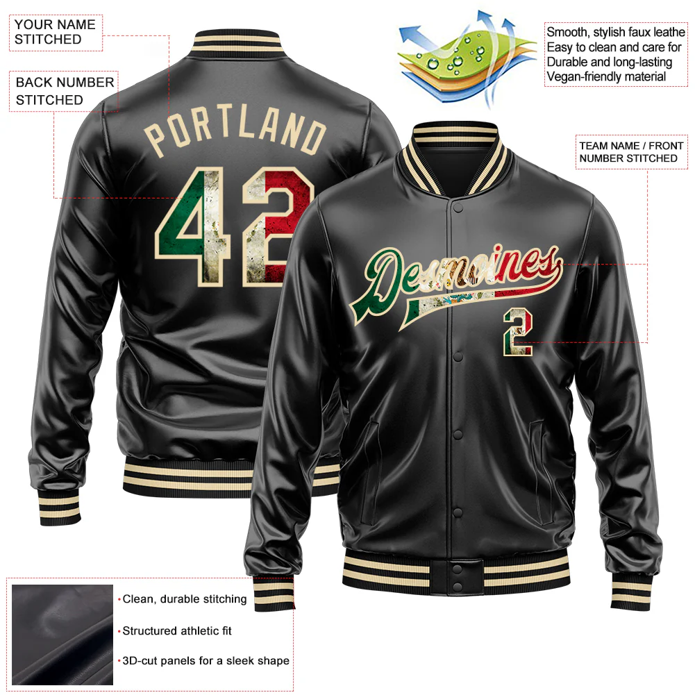 Custom Black Vintage Mexican Flag-Cream Bomber Full-Snap Varsity Faux Leather Letterman Jacket - Image 2