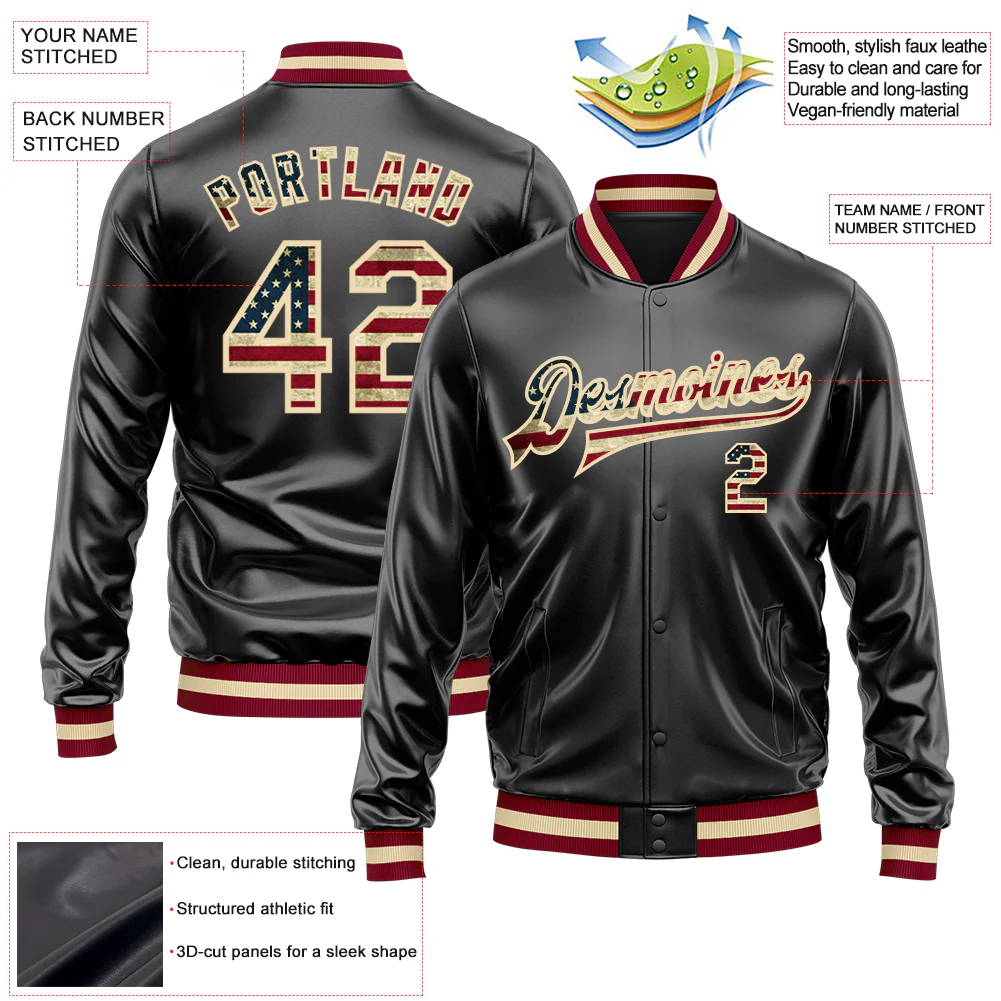 Custom Black Vintage USA Flag-Cream Bomber Full-Snap Varsity Faux Leather Letterman Jacket - Image 2
