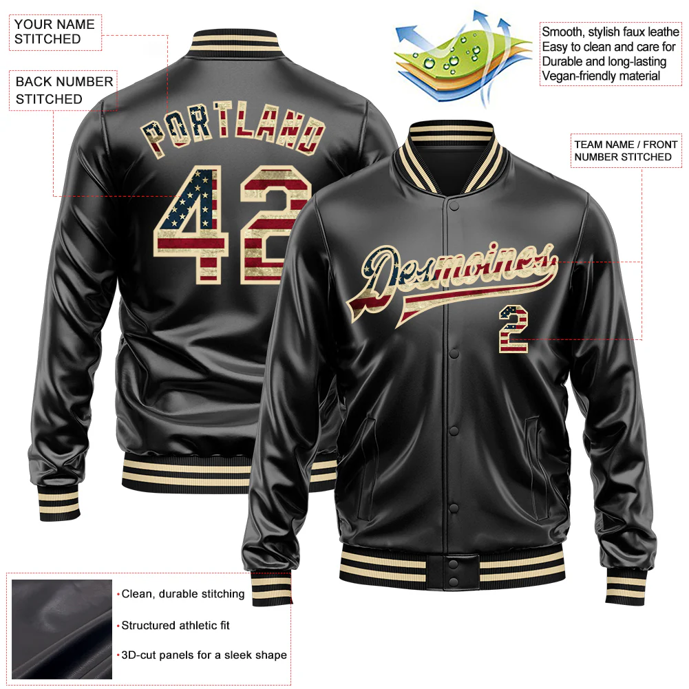 Custom Black Vintage USA Flag-Cream Bomber Full-Snap Varsity Faux Leather Letterman Jacket - Image 2