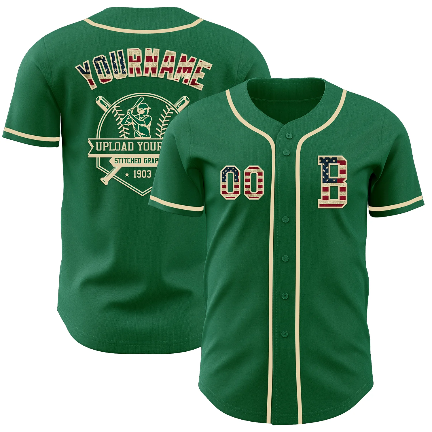 Custom Kelly Green Vintage USA Flag-Cream Authentic Baseball Jersey - Image 5
