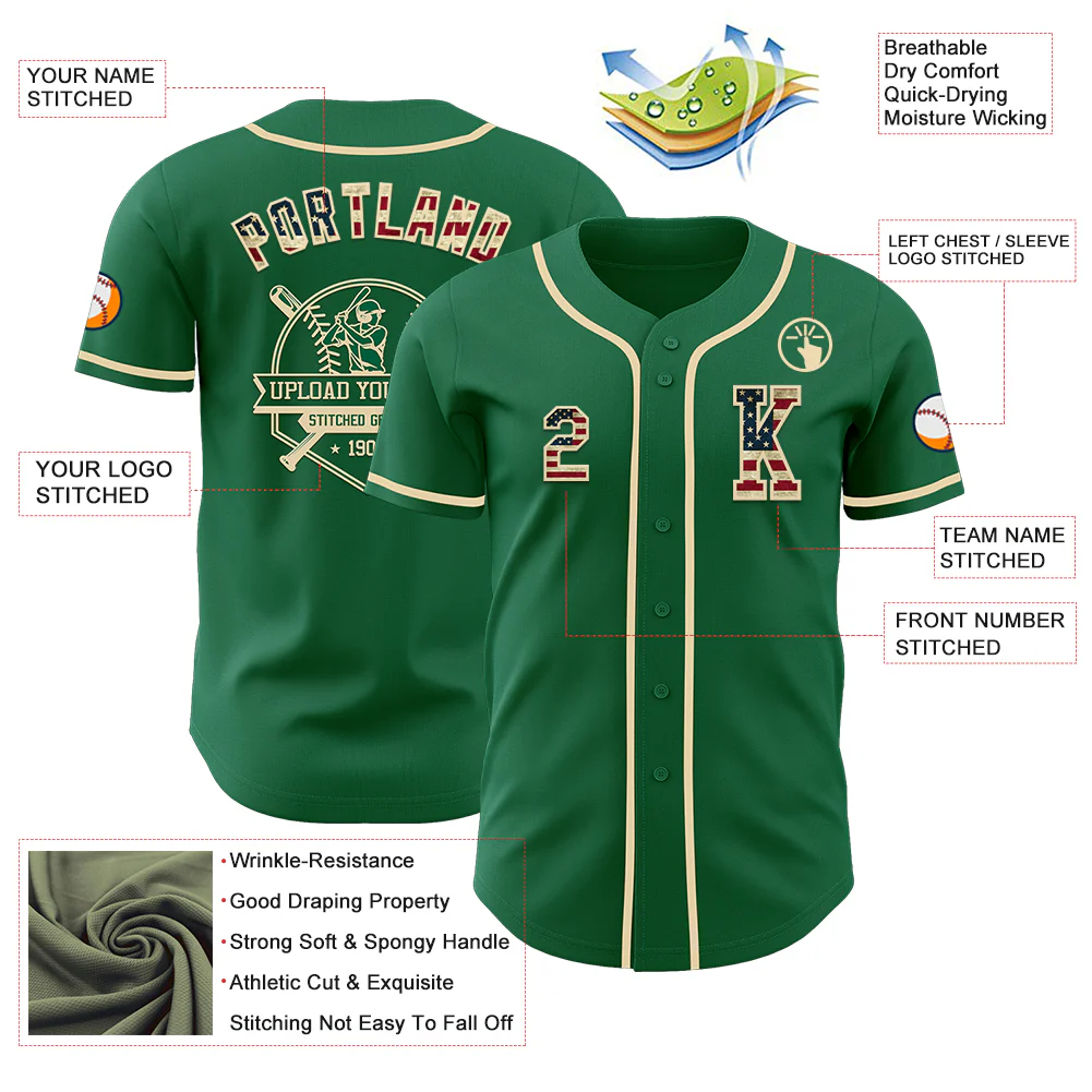 Custom Kelly Green Vintage USA Flag-Cream Authentic Baseball Jersey - Image 6