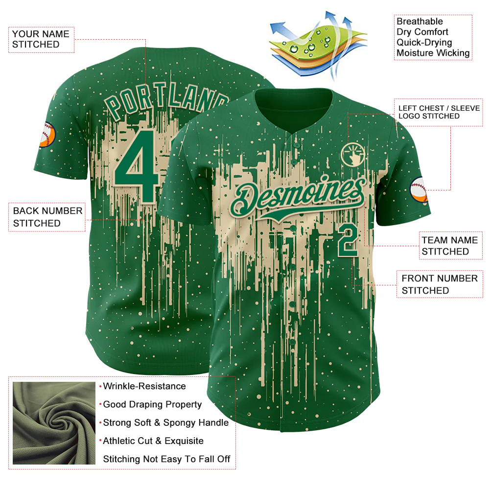 Custom Kelly Green Cream Dripping Splatter Paint Authentic Baseball Jersey - Image 3