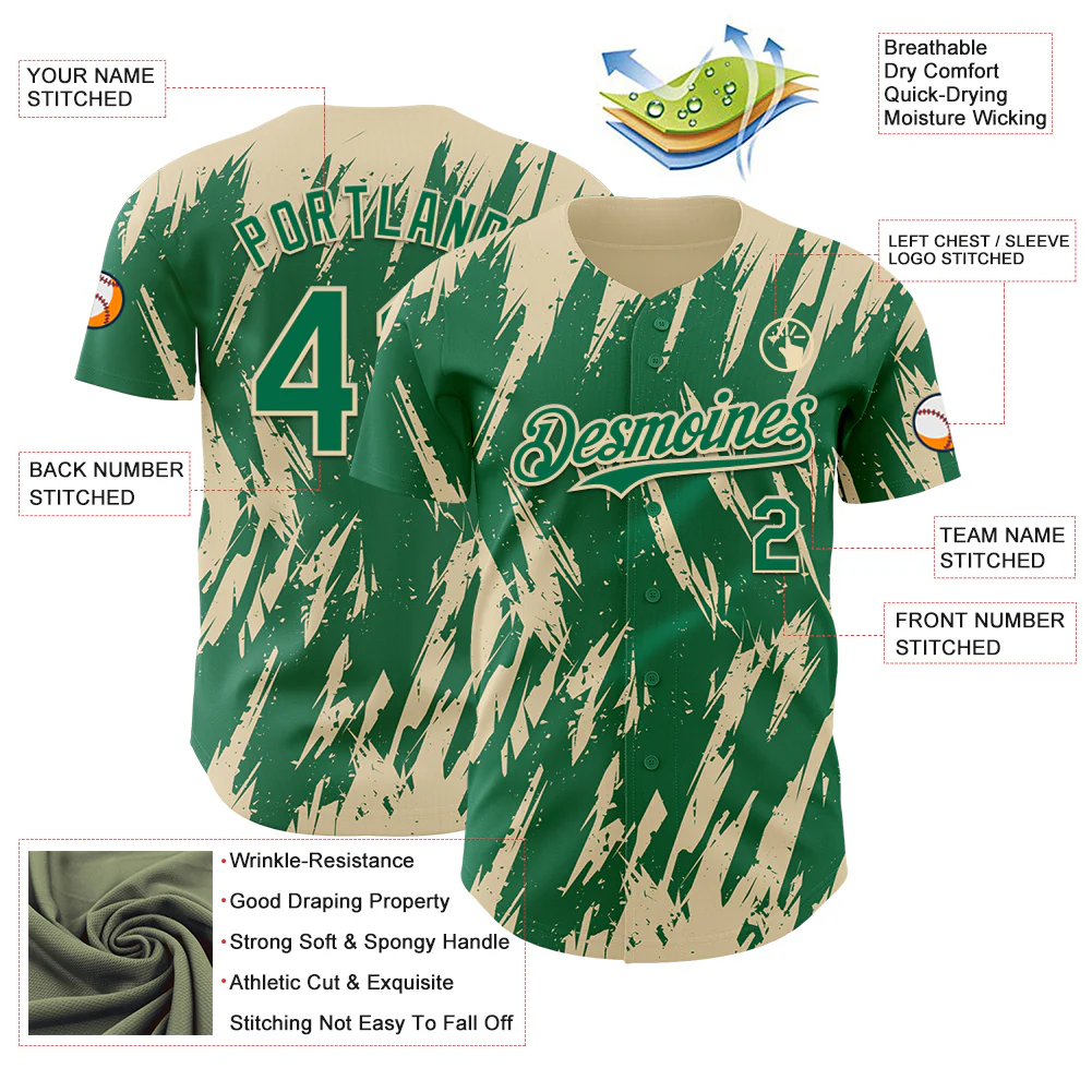 Custom Kelly Green Cream Splatter Torn Sharp Brush Stroke Authentic Baseball Jersey - Image 3