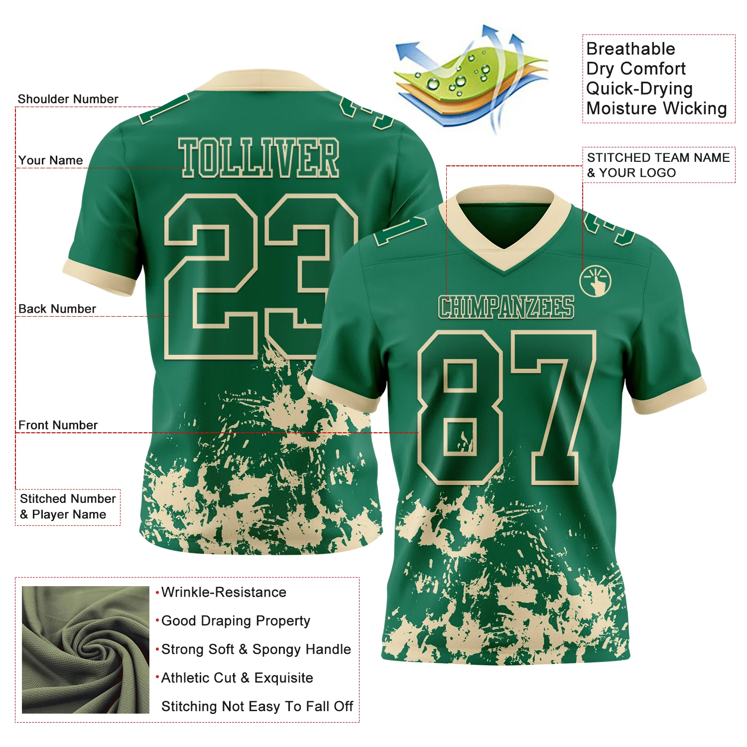 Custom Kelly Green Cream 3D Pattern Splash Authentic Football Jersey - Image 2