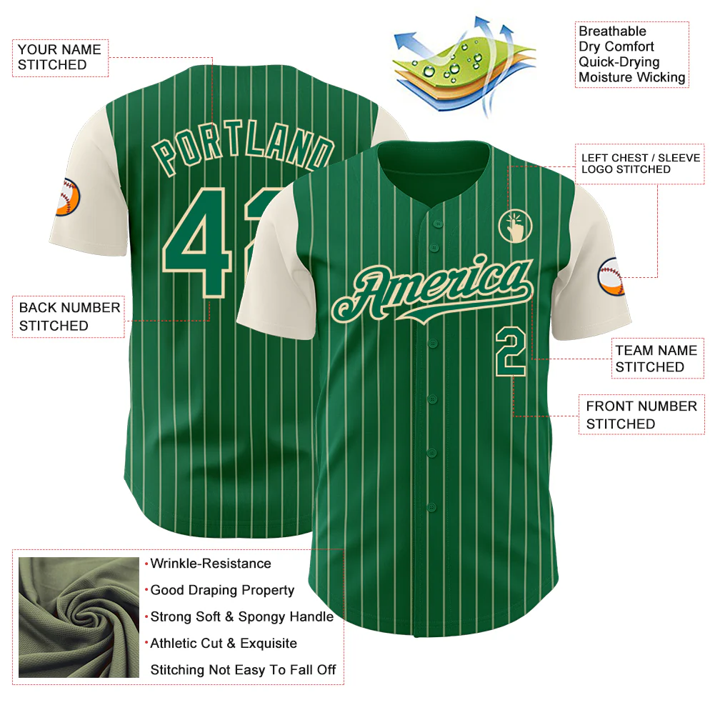 Custom Kelly Green Cream Pinstripe Cream Authentic Two Tone Baseball Jersey - Image 3