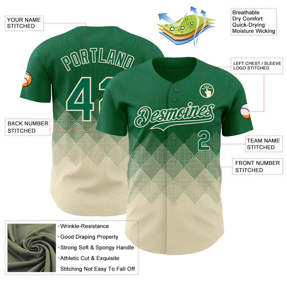 Custom Kelly Green Cream 3D Gradient Square Shape Authentic Baseball Jersey - Image 3