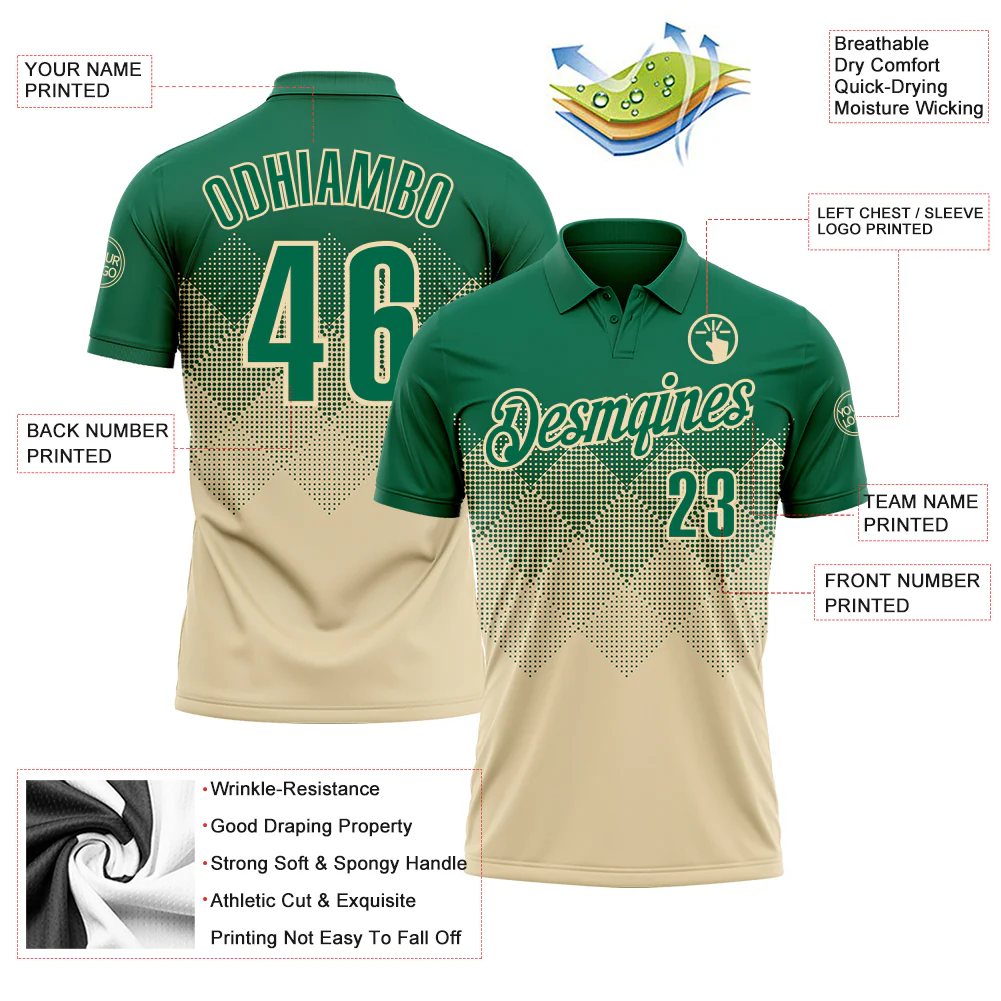 Custom Kelly Green Cream 3D Gradient Square Shape Performance Polo Shirt - Image 3