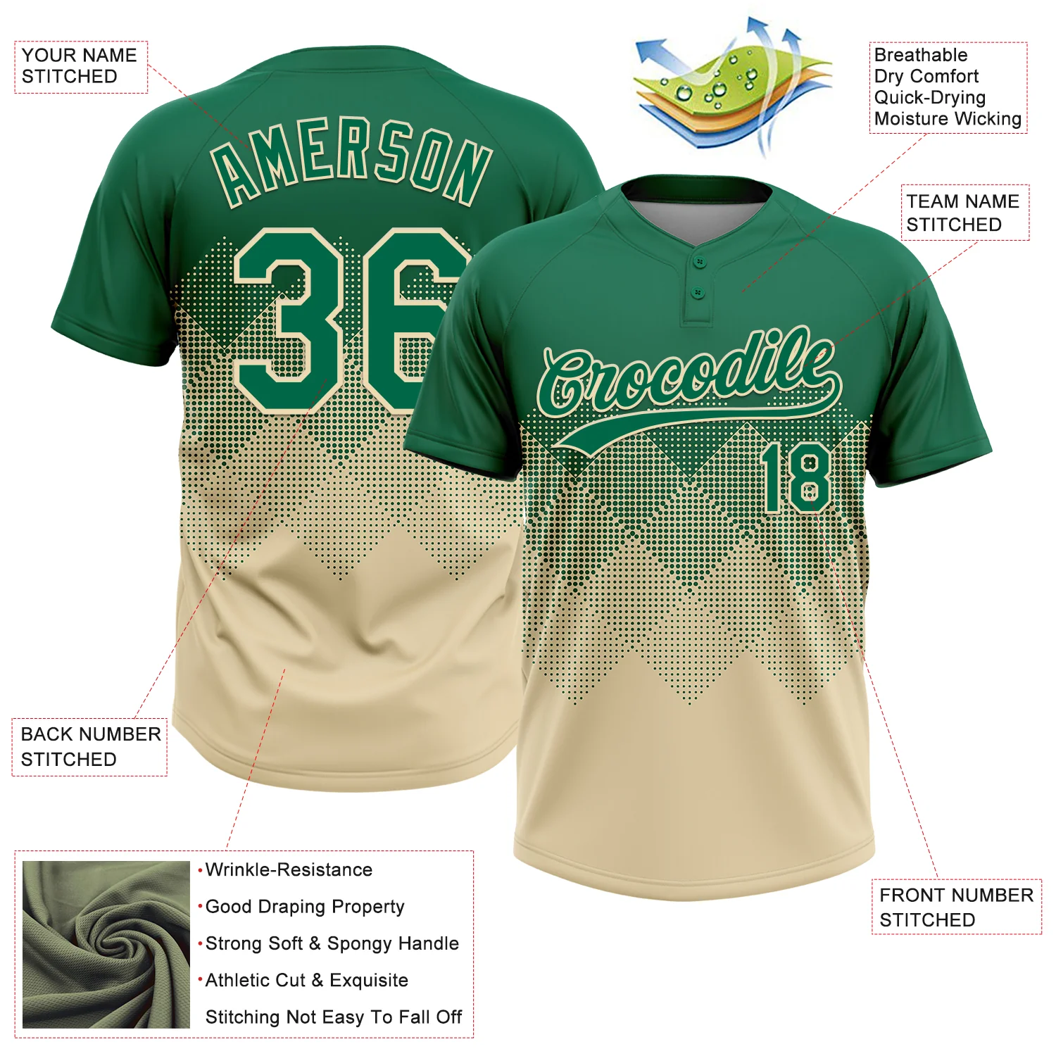 Custom Kelly Green Cream 3D Gradient Square Shape Two-Button Unisex Softball Jersey - Image 3