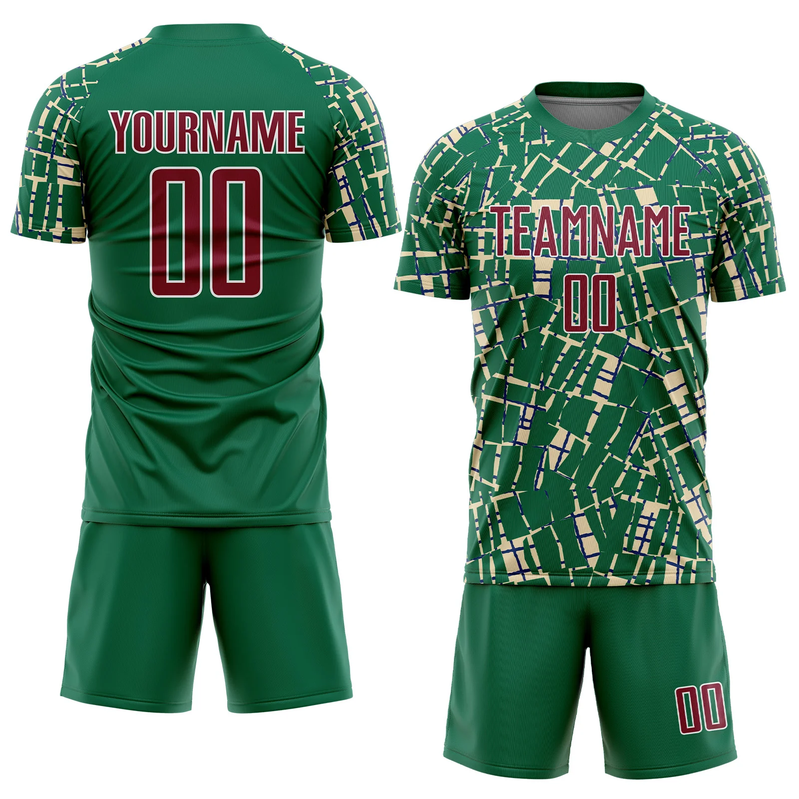 Custom Kelly Green Crimson Cream-White Abstract Line Sports Sublimation Soccer Uniform Jersey - Image 2