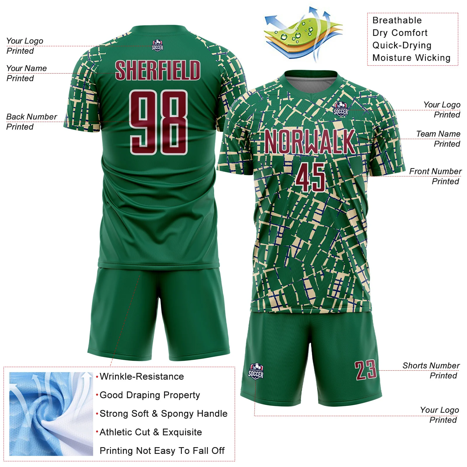 Custom Kelly Green Crimson Cream-White Abstract Line Sports Sublimation Soccer Uniform Jersey - Image 4