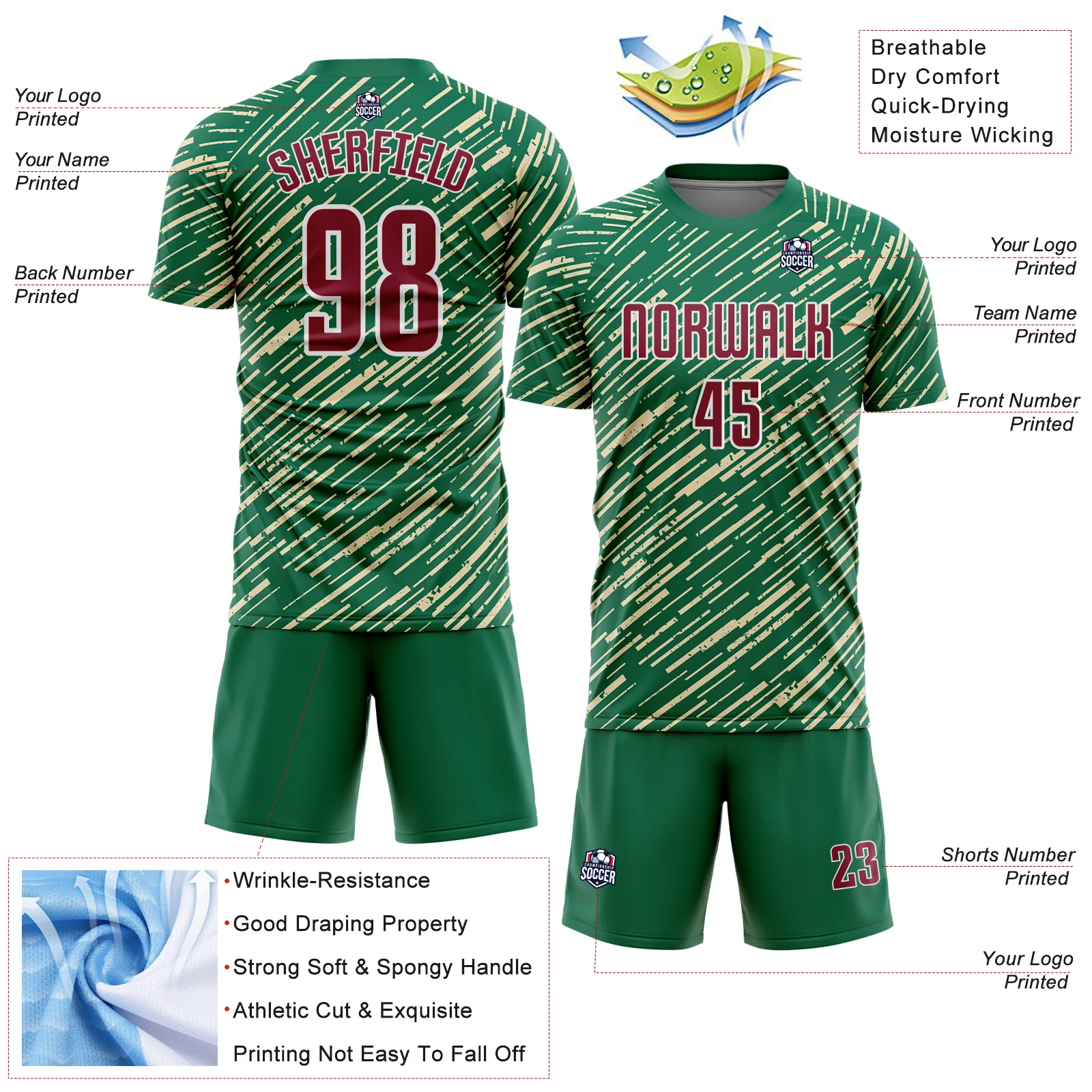 Custom Kelly Green Crimson Cream-White Line Sports Sublimation Soccer Uniform Jersey - Image 4