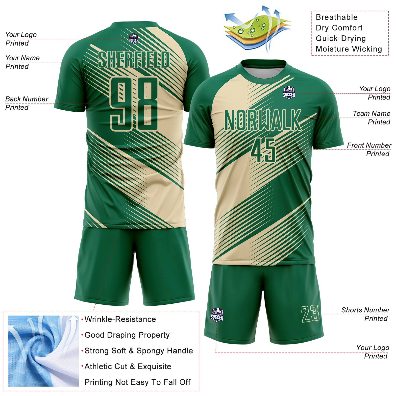 Custom Kelly Green Cream Line Sublimation Soccer Uniform Jersey - Image 4