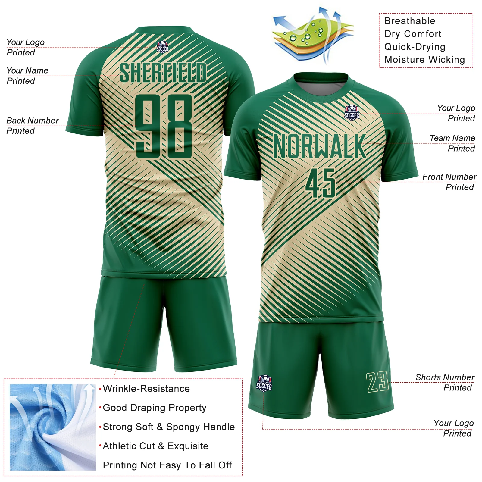 Custom Kelly Green Cream Line Sublimation Soccer Uniform Jersey - Image 4