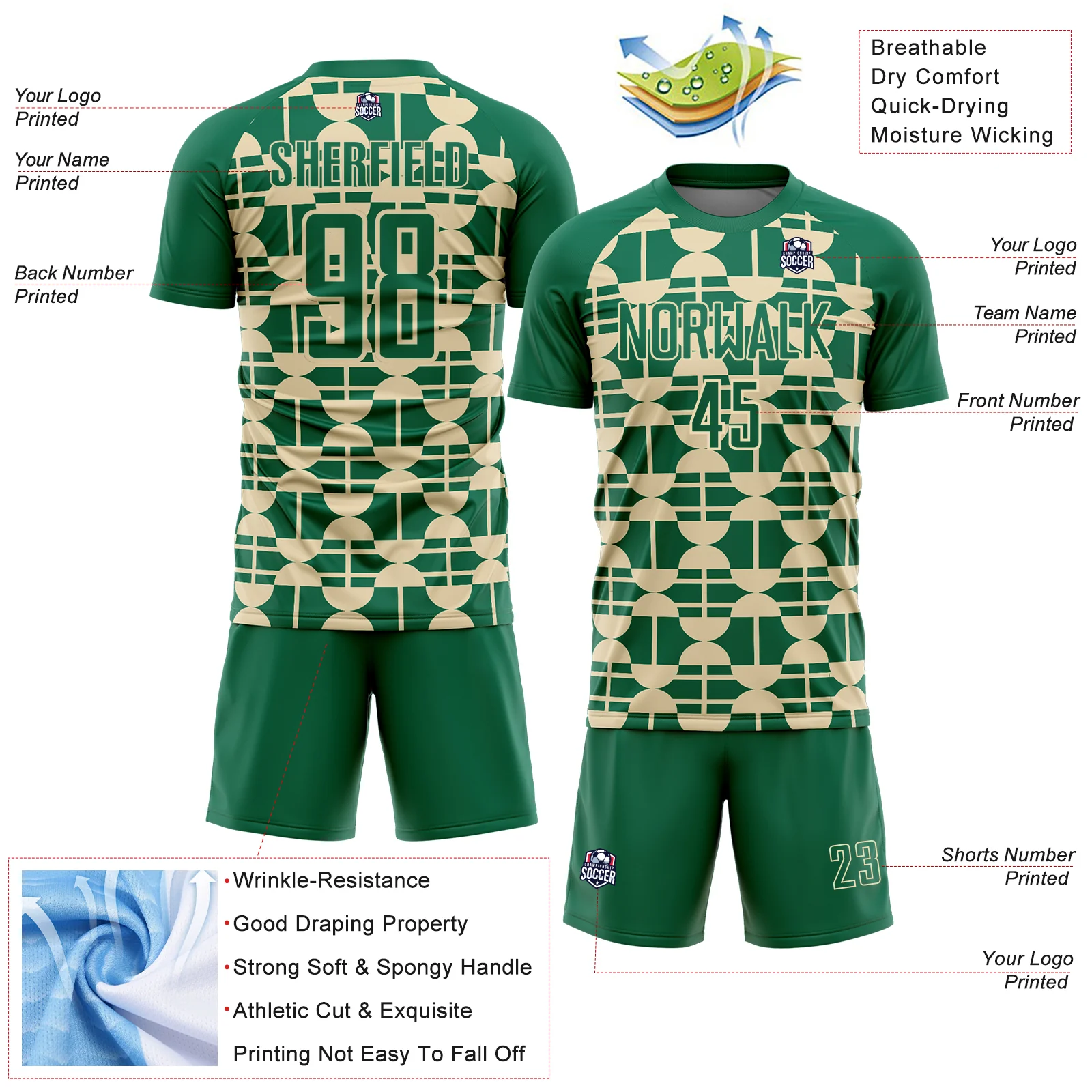 Custom Kelly Green Cream Geometric Shapes Sports Sublimation Soccer Uniform Jersey - Image 4