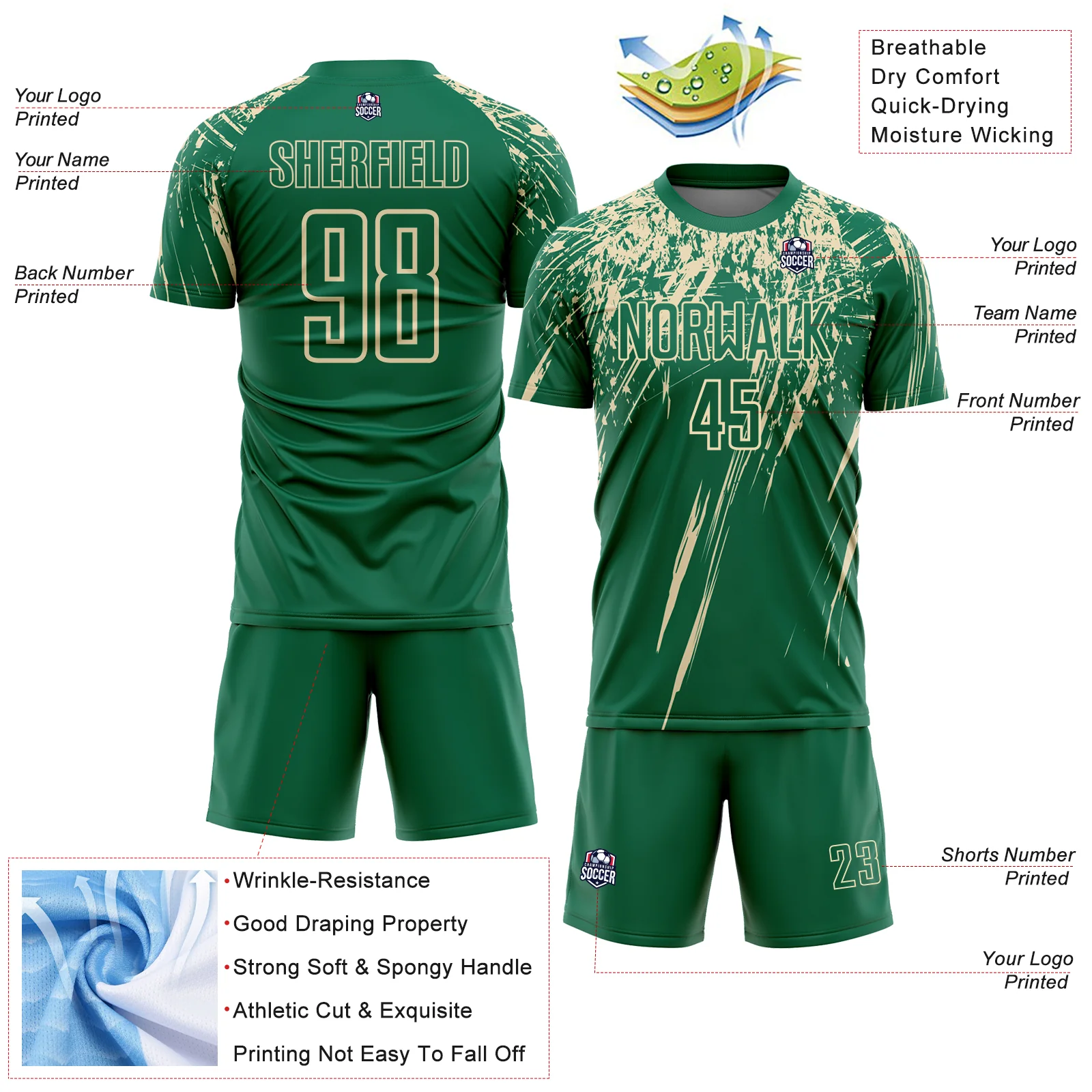 Custom Kelly Green Cream Splash Sports Sublimation Soccer Uniform Jersey - Image 4