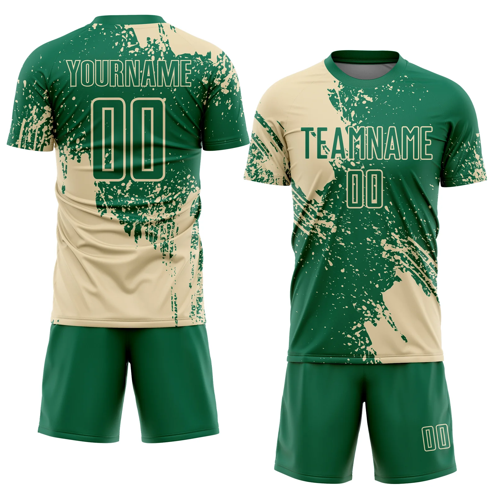 Custom Kelly Green Cream Abstract Brush Stroke Sports Sublimation Soccer Uniform Jersey - Image 2