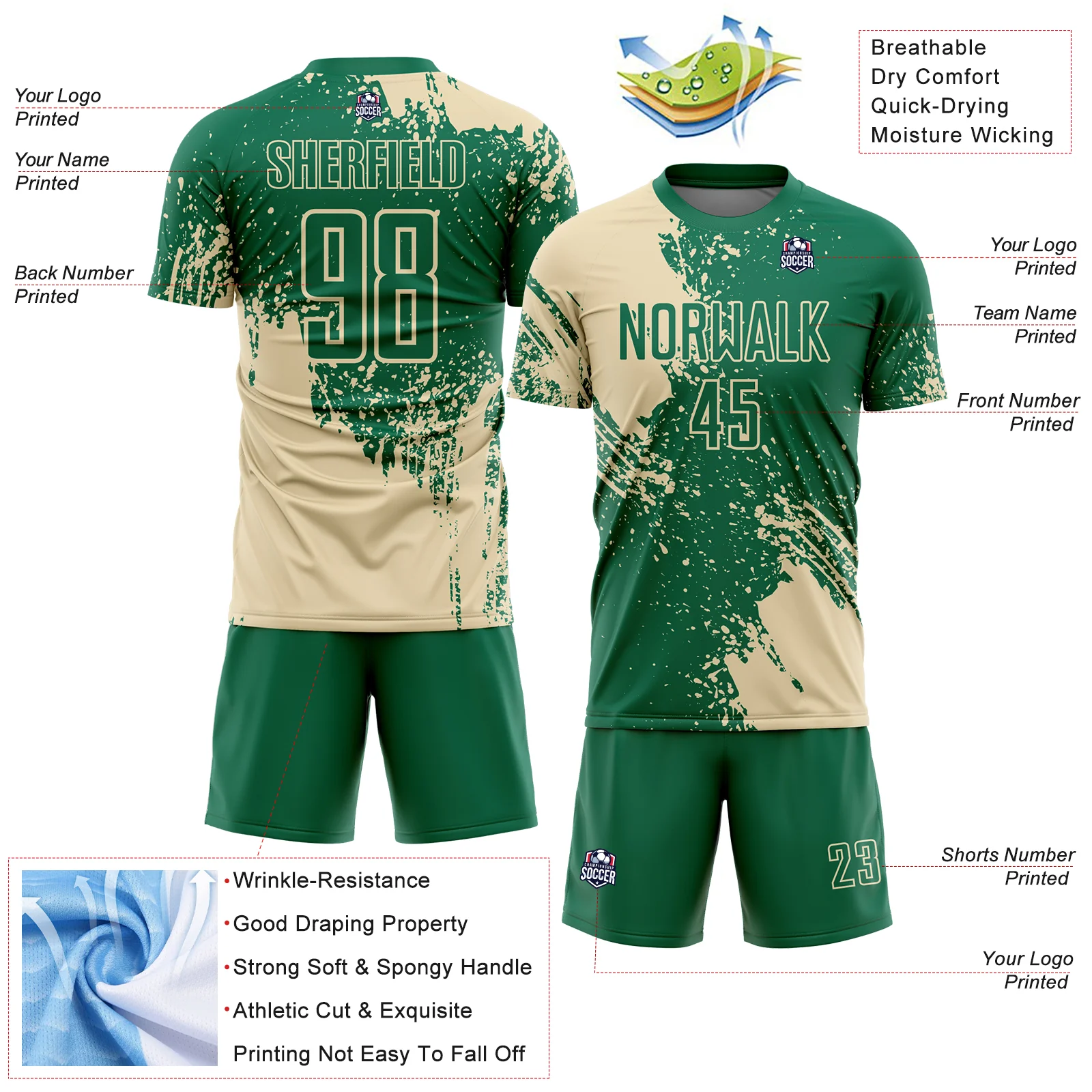 Custom Kelly Green Cream Abstract Brush Stroke Sports Sublimation Soccer Uniform Jersey - Image 4