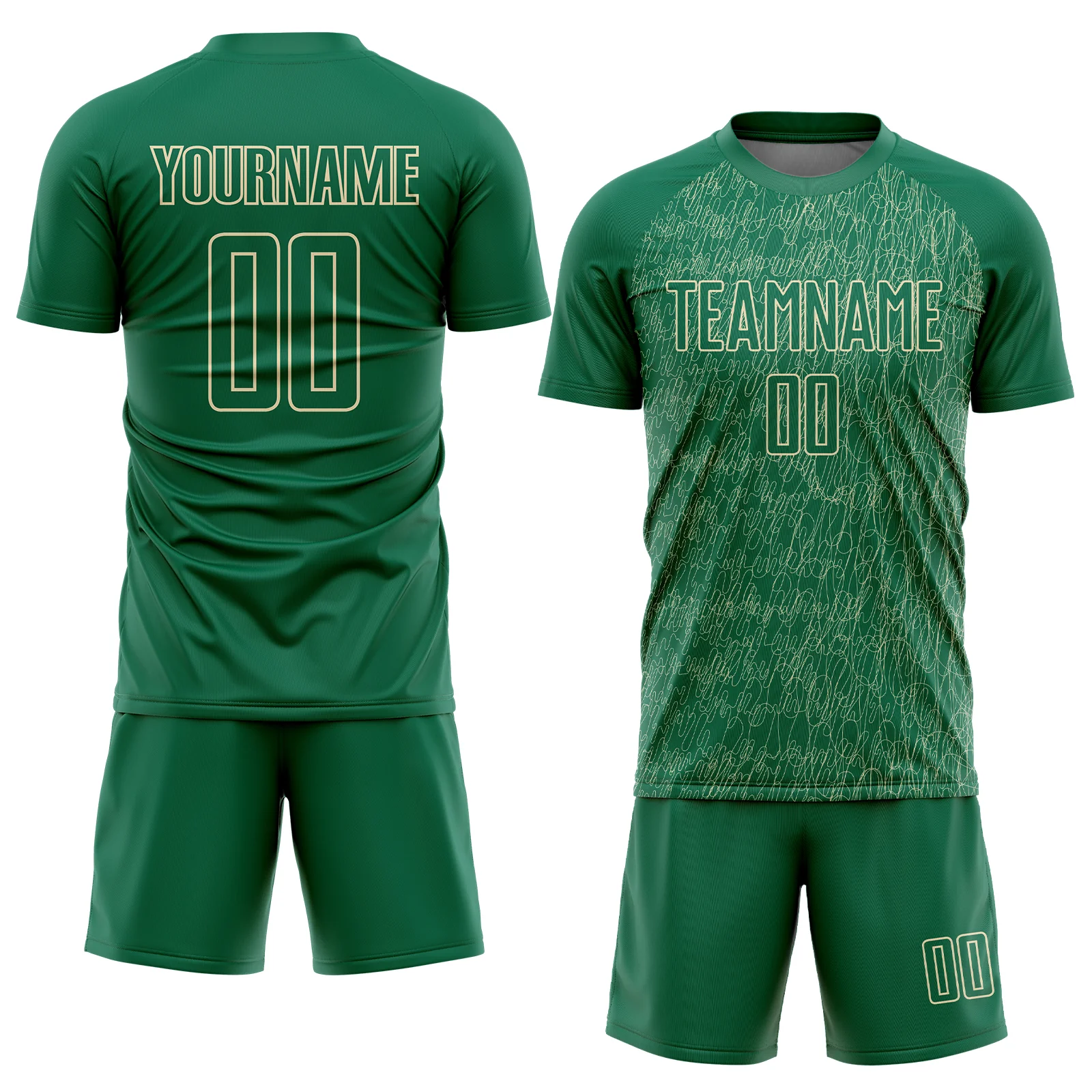 Custom Kelly Green Cream Abstract Scribble Curve Line Pattern Sports Sublimation Soccer Uniform Jersey - Image 2