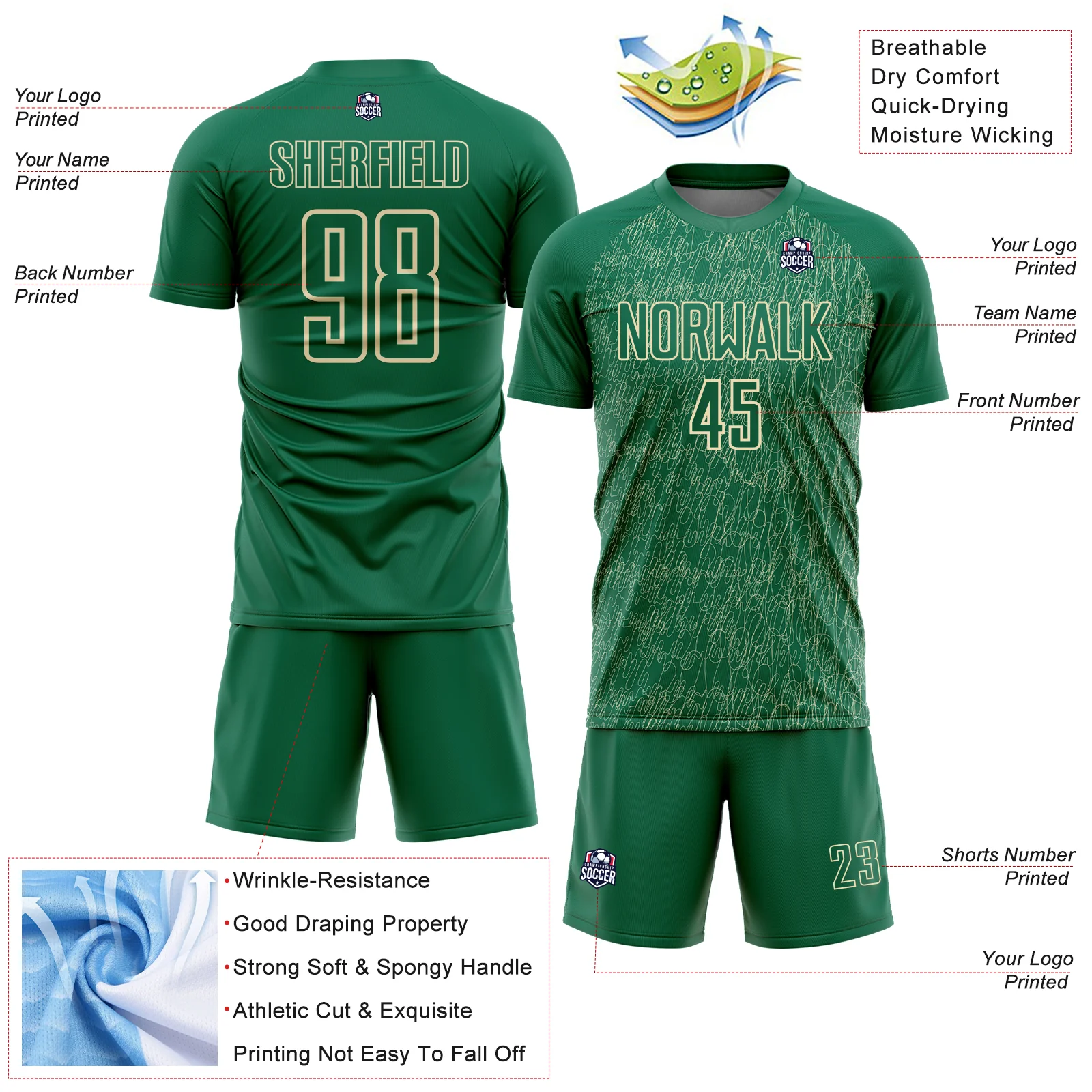 Custom Kelly Green Cream Abstract Scribble Curve Line Pattern Sports Sublimation Soccer Uniform Jersey - Image 4