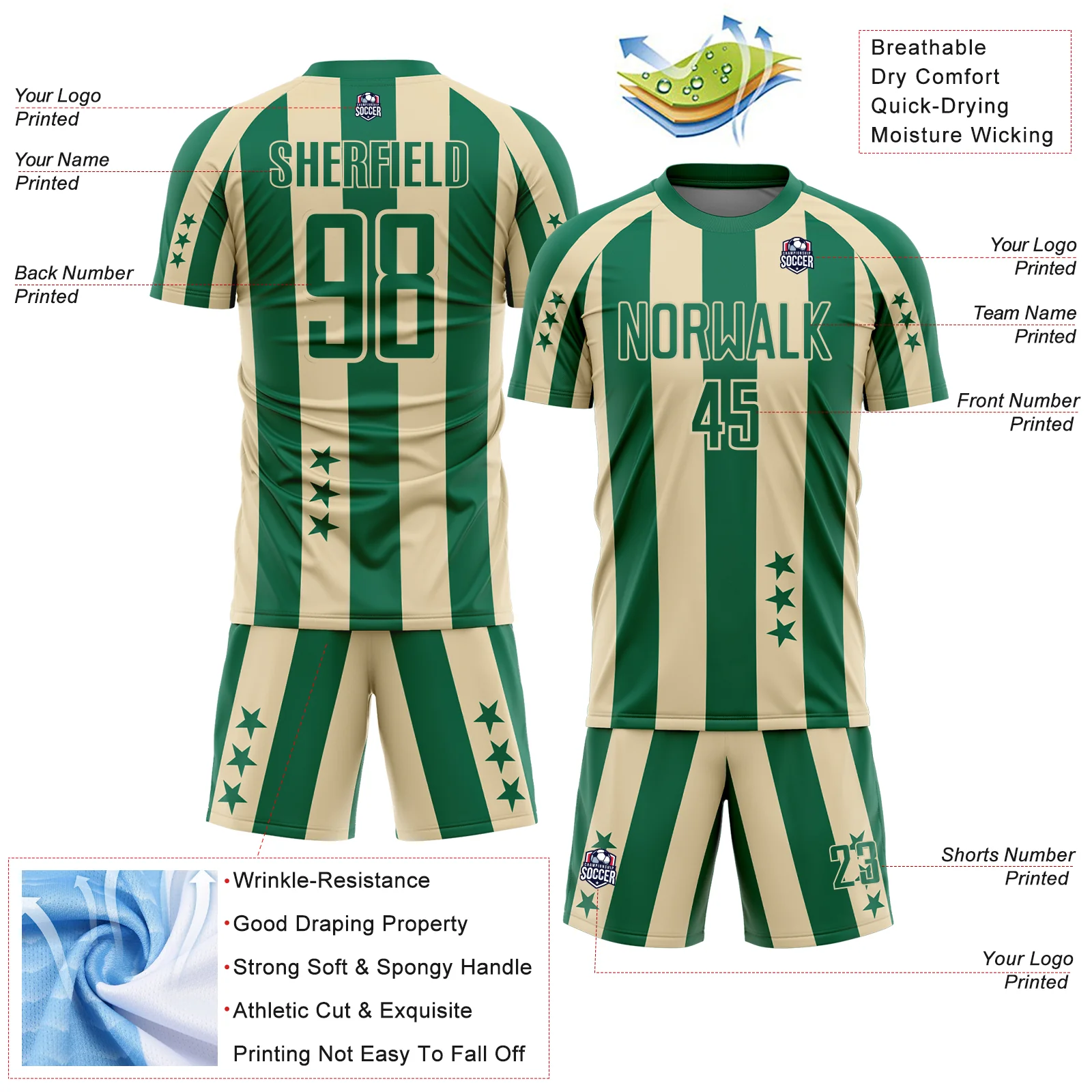 Custom Kelly Green Cream Stars And Stripes Sports Sublimation Soccer Uniform Jersey - Image 4