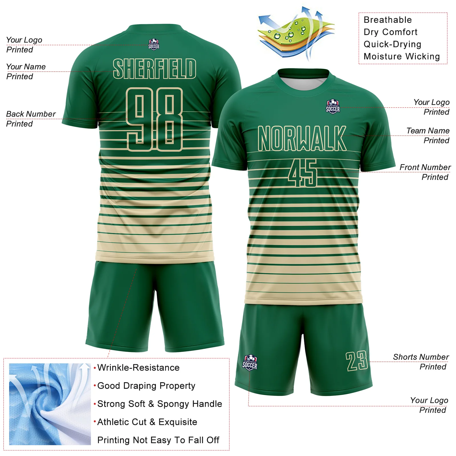 Custom Kelly Green Cream Gradient Pinstripe Sublimation Soccer Uniform Jersey - Image 4