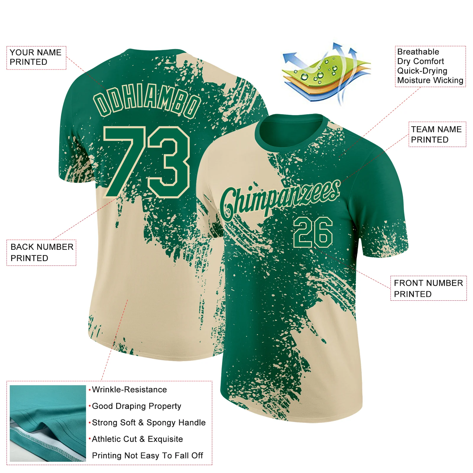 Custom Kelly Green Cream 3D Pattern Design Abstract Brush Stroke Performance T-Shirt - Image 2